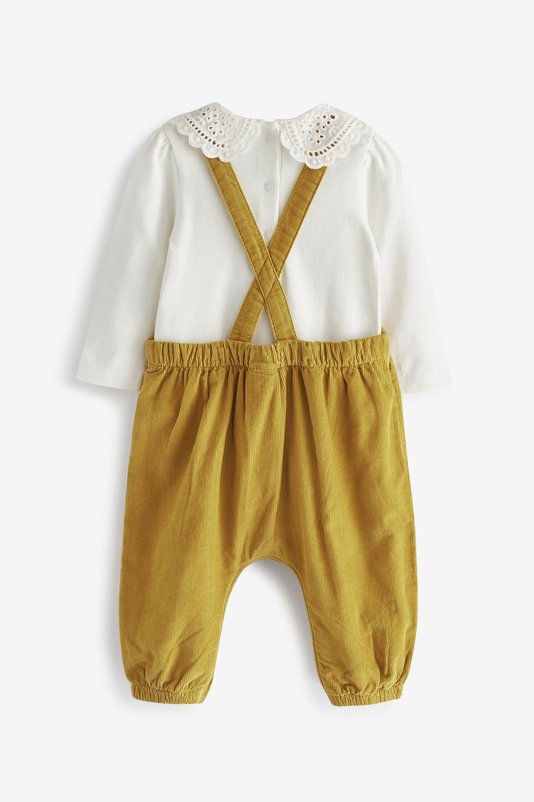 Citrine Yellow Green Floral Embroidered Cord Baby Dungarees With Collared Bodysuit (0mths-3yrs)