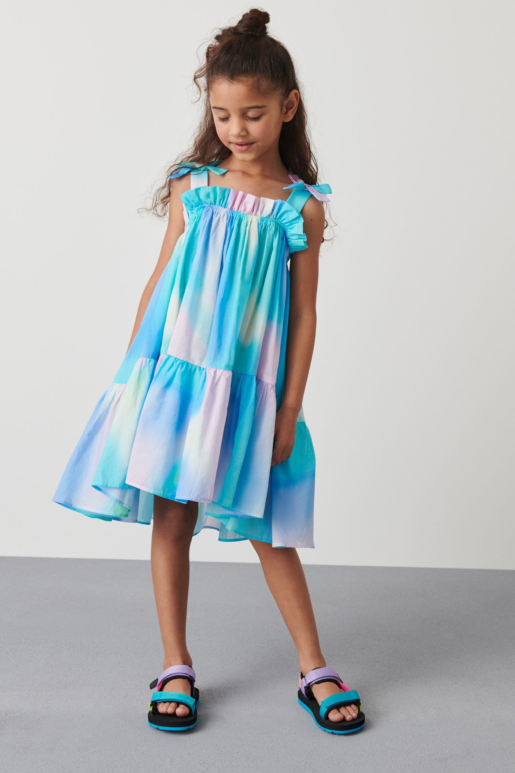 Blue/Pink Tie-Dye Tie Shoulder Printed Summer Dress (3-16yrs)