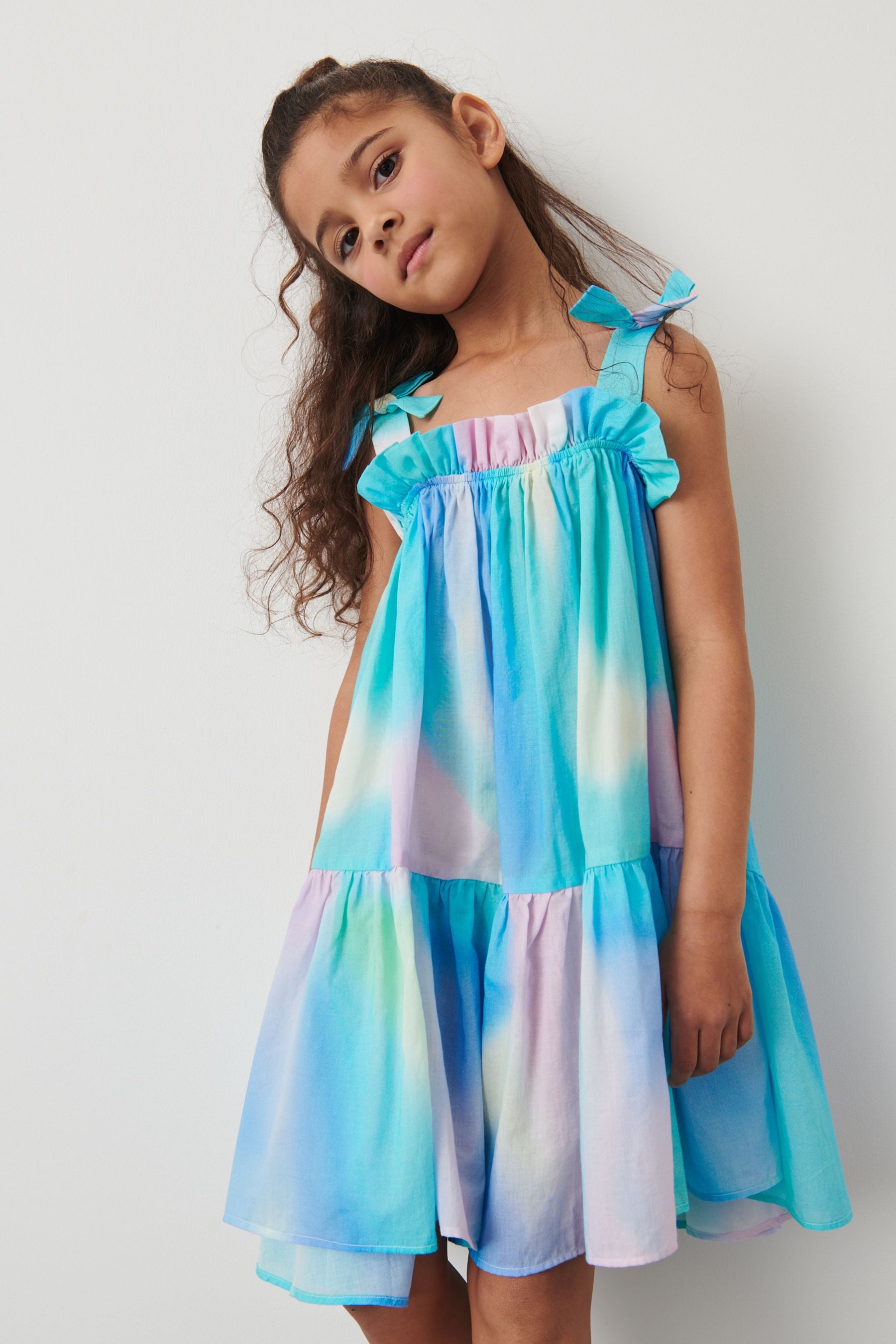 Blue/Pink Tie-Dye Tie Shoulder Printed Summer Dress (3-16yrs)