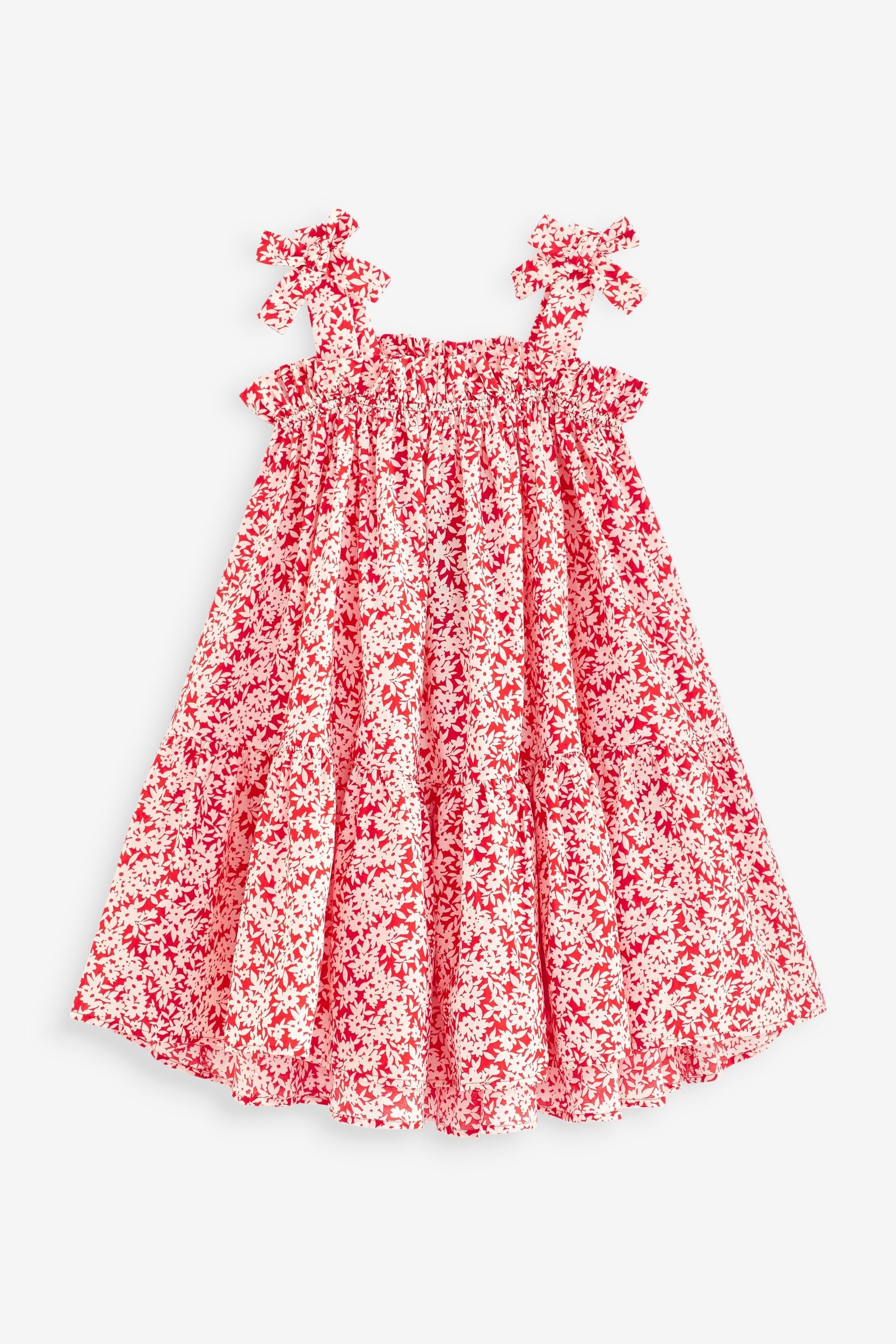 Red Ditsy Tie Shoulder Printed Summer Dress (3-16yrs)