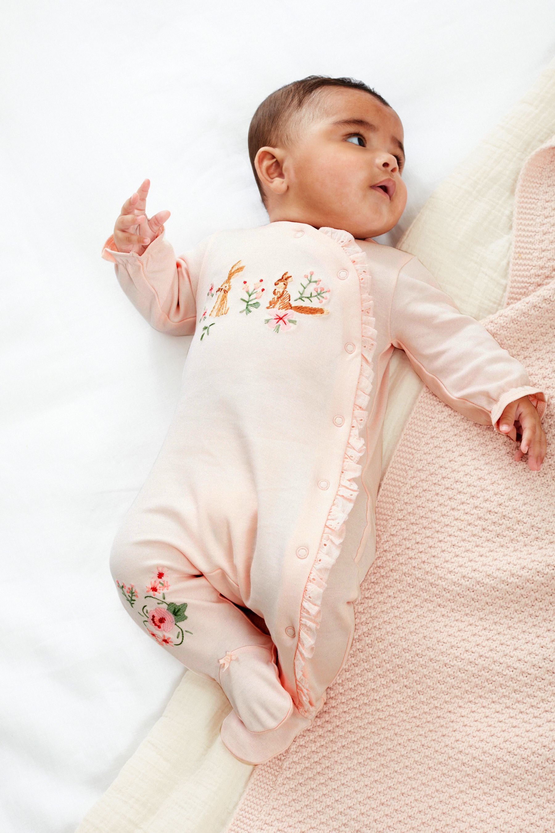 Pale Pink Bunny/Floral Baby Sleepsuits 3 Pack (0-2yrs)