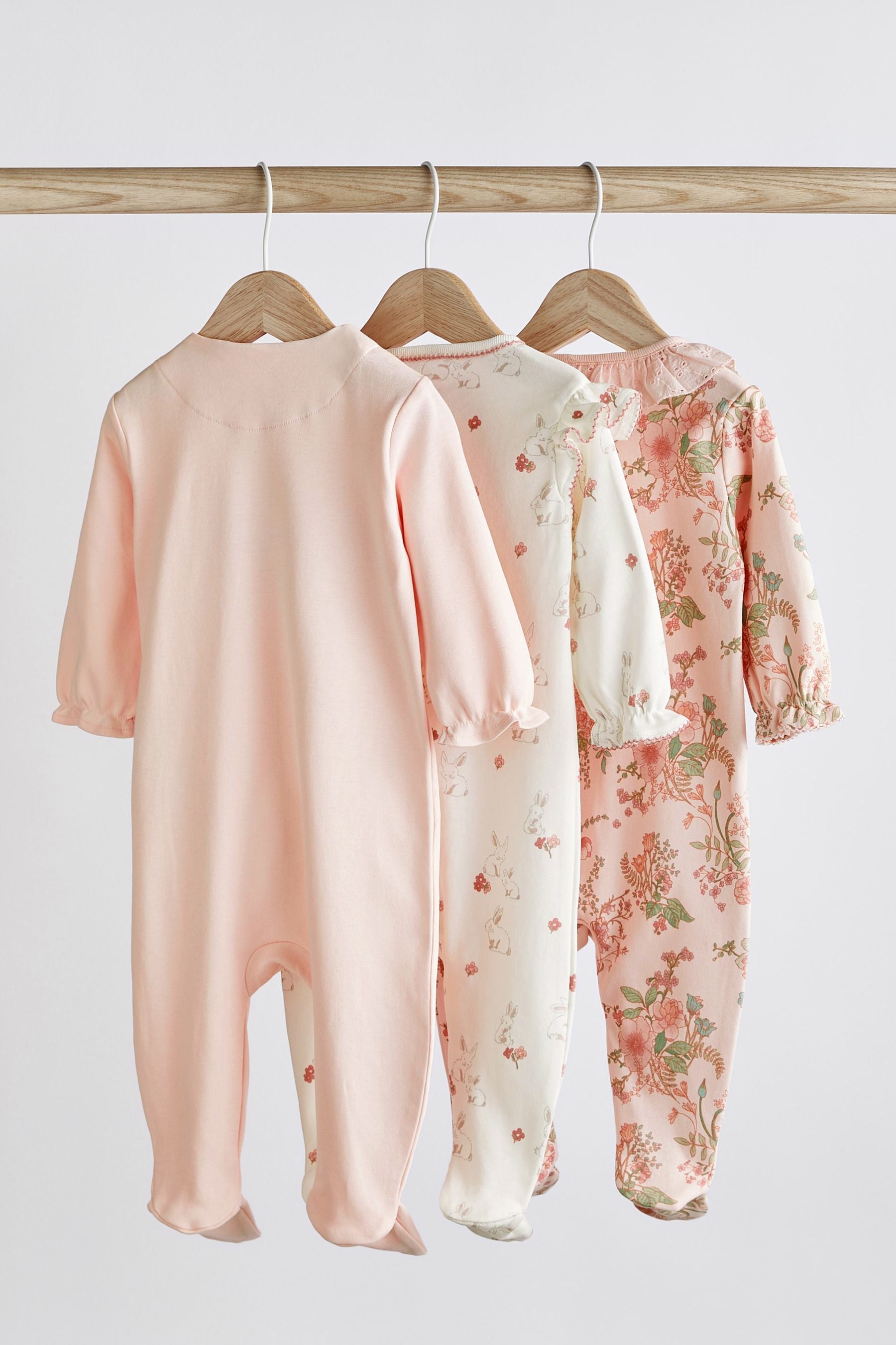 Pale Pink Bunny/Floral Baby Sleepsuits 3 Pack (0-2yrs)