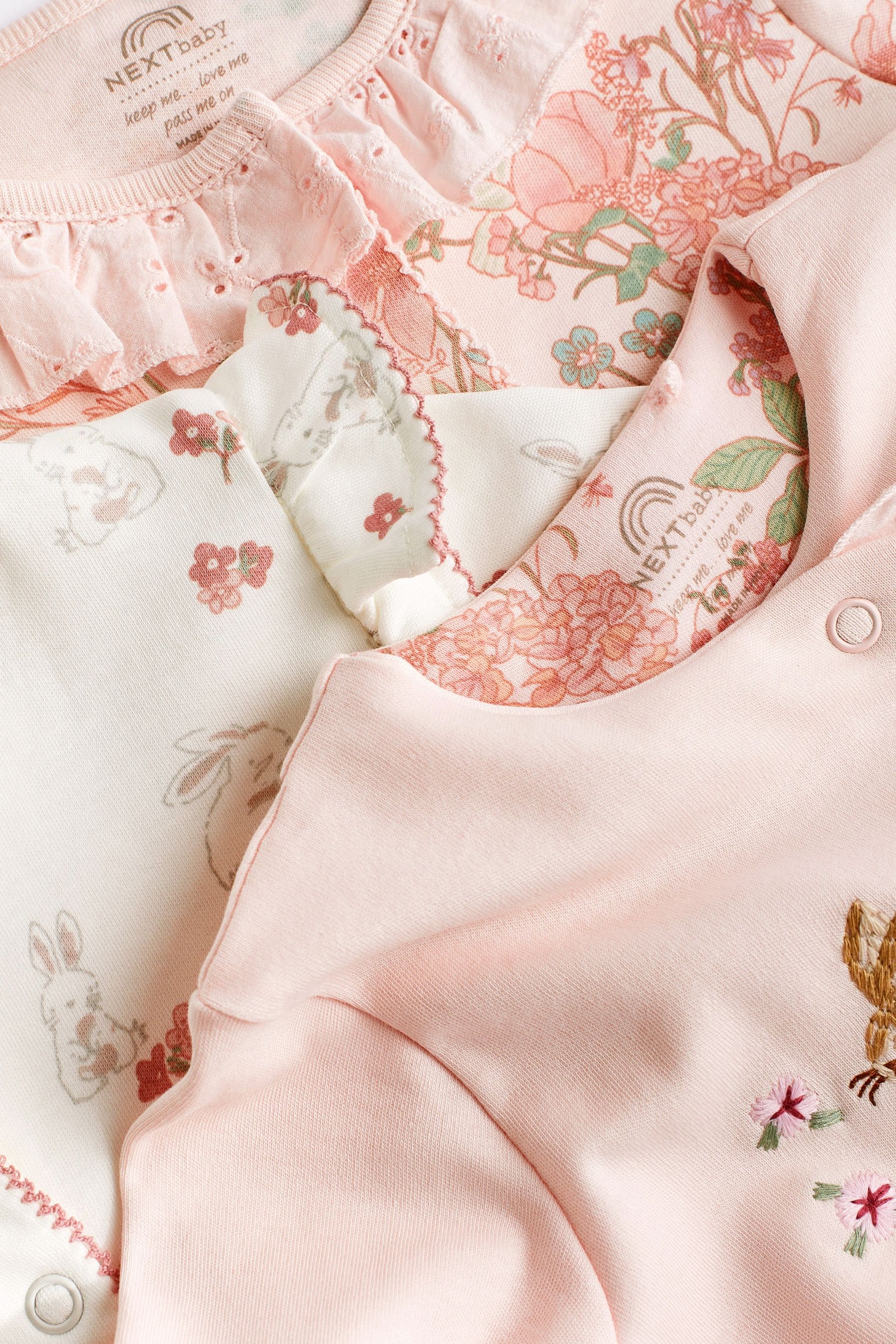 Pale Pink Bunny/Floral Baby Sleepsuits 3 Pack (0-2yrs)