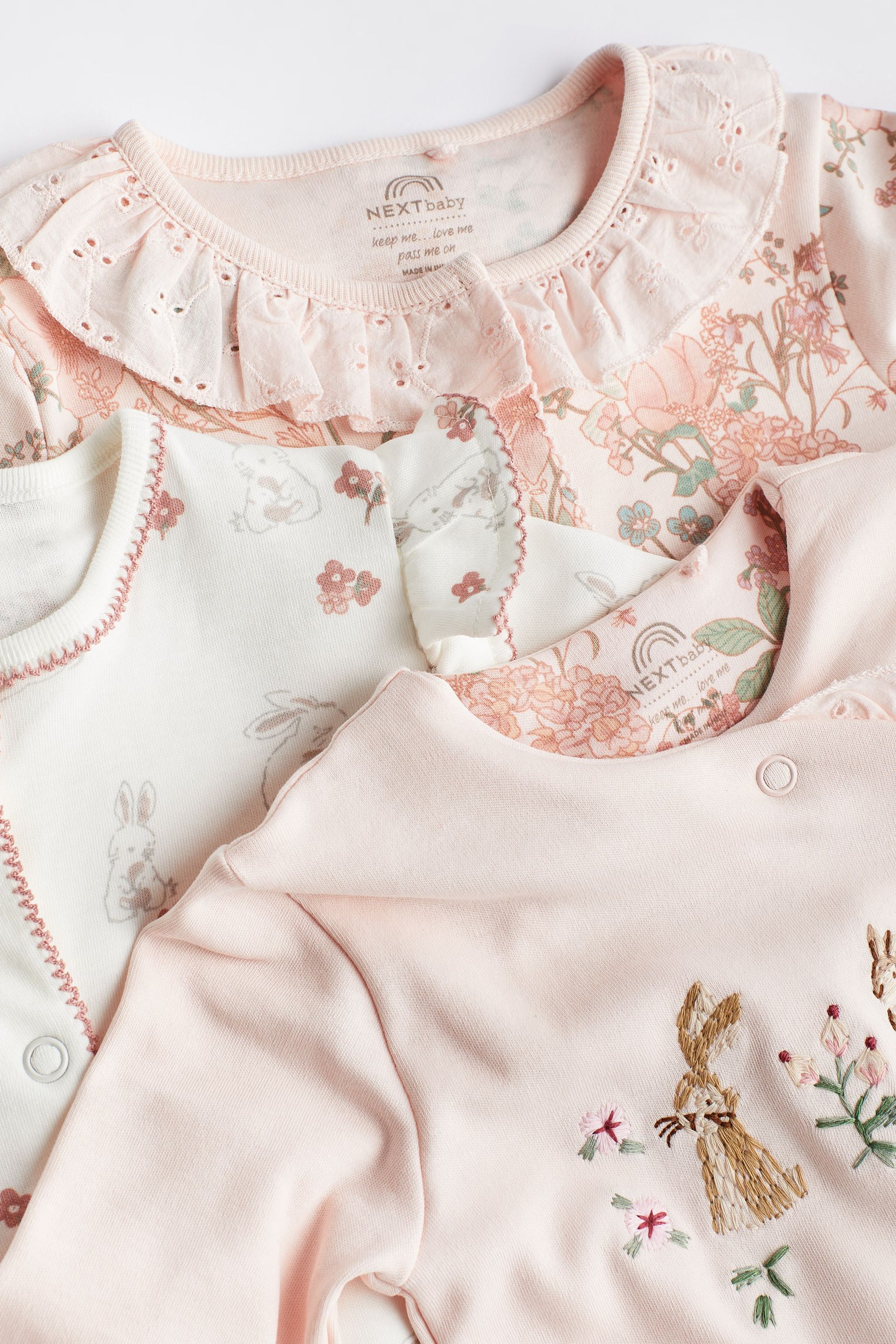 Pale Pink Bunny/Floral Baby Sleepsuits 3 Pack (0-2yrs)