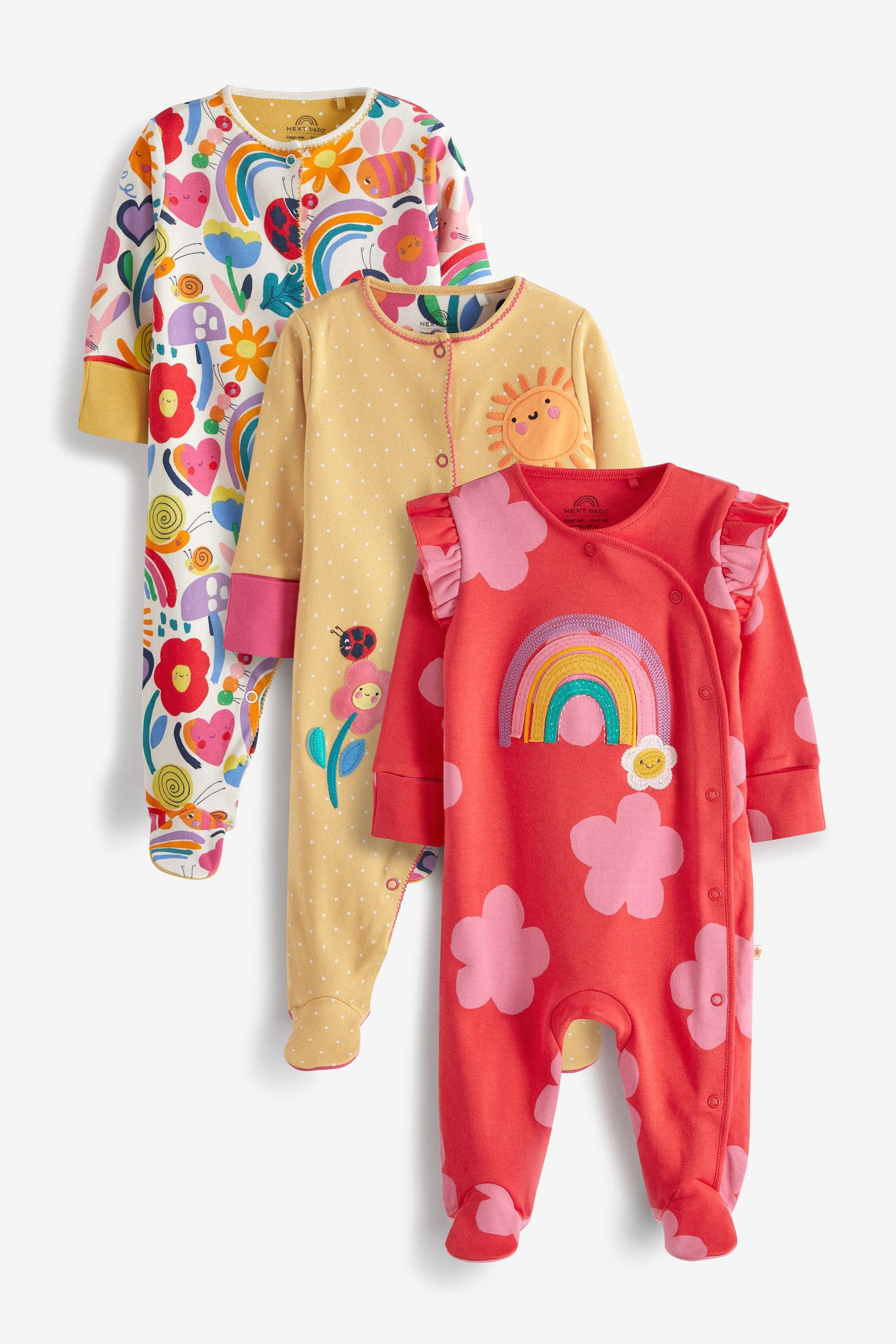 Multi Bright Pink Rainbow Baby Sleepsuits 3 Pack (0-0mths)