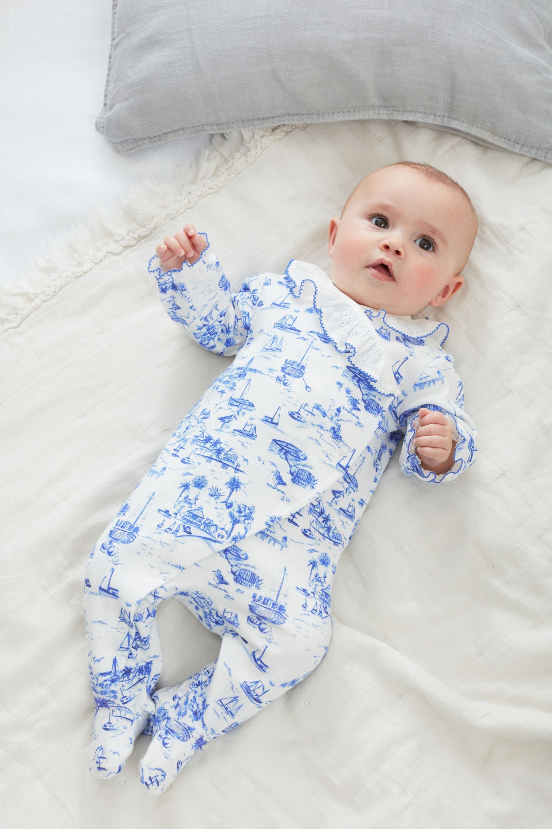 White/Blue Printed Wrap Baby Sleepsuit (0mths-2yrs)