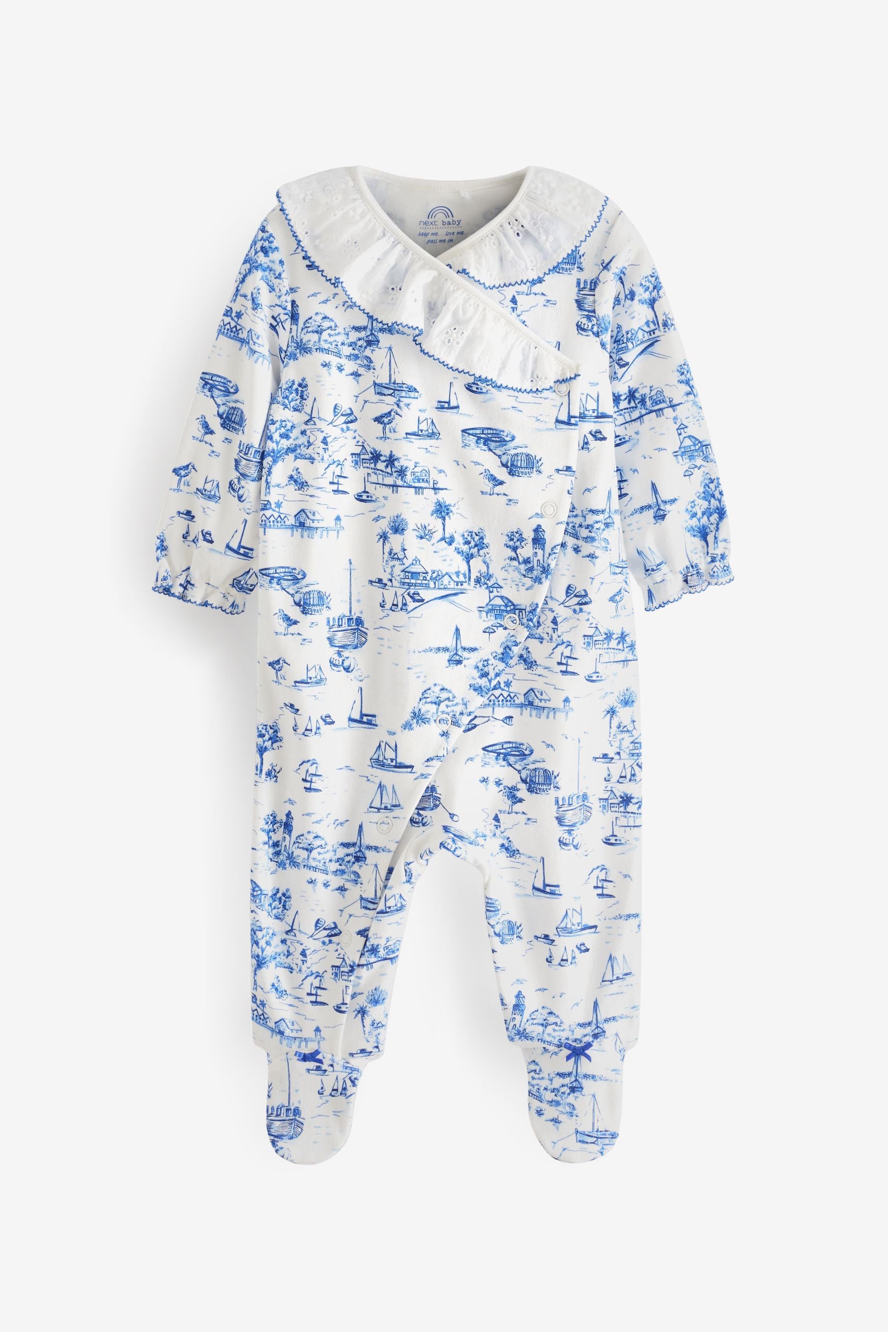 White/Blue Printed Wrap Baby Sleepsuit (0mths-2yrs)