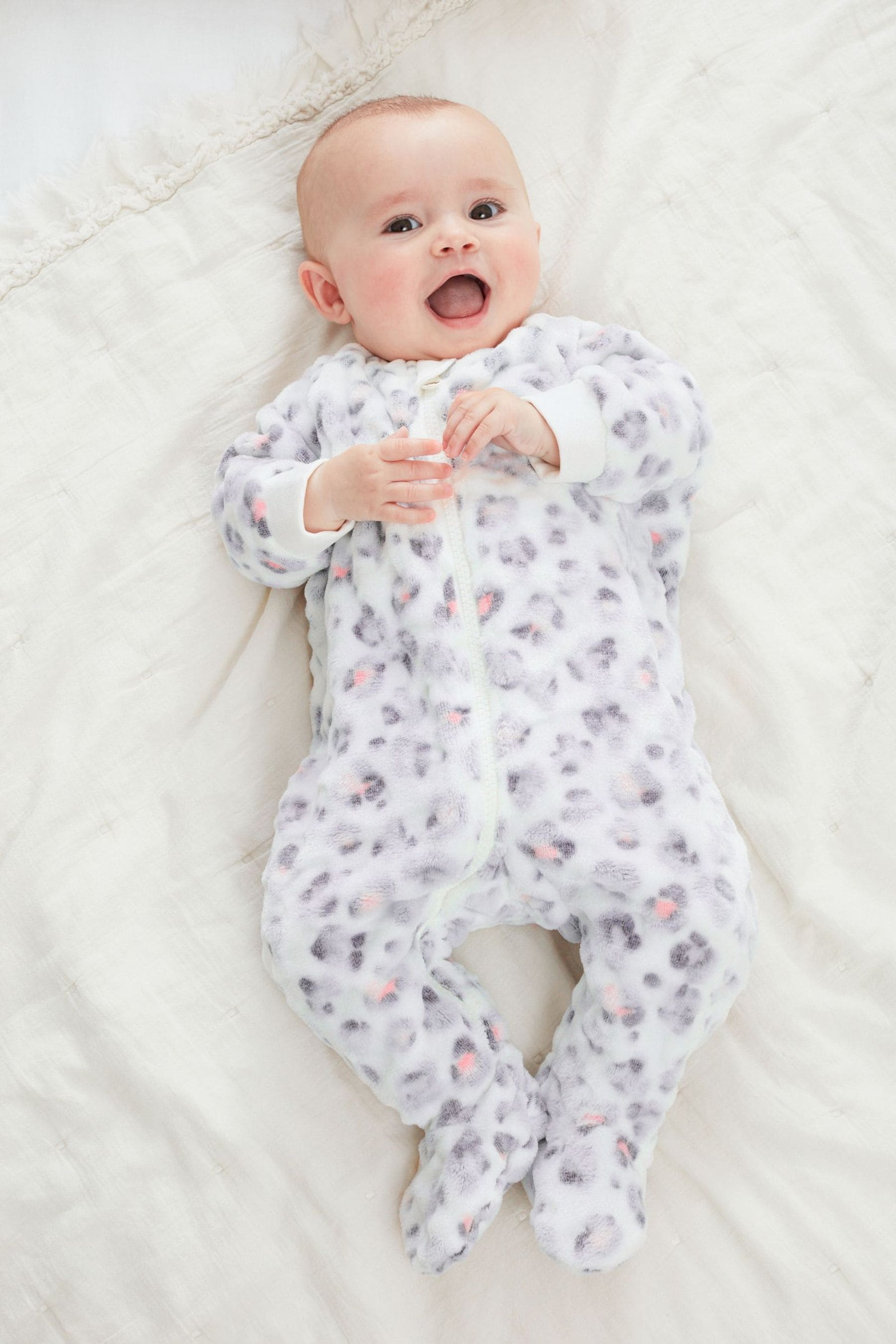 White Leopard Print Baby Fleece Sleepsuit