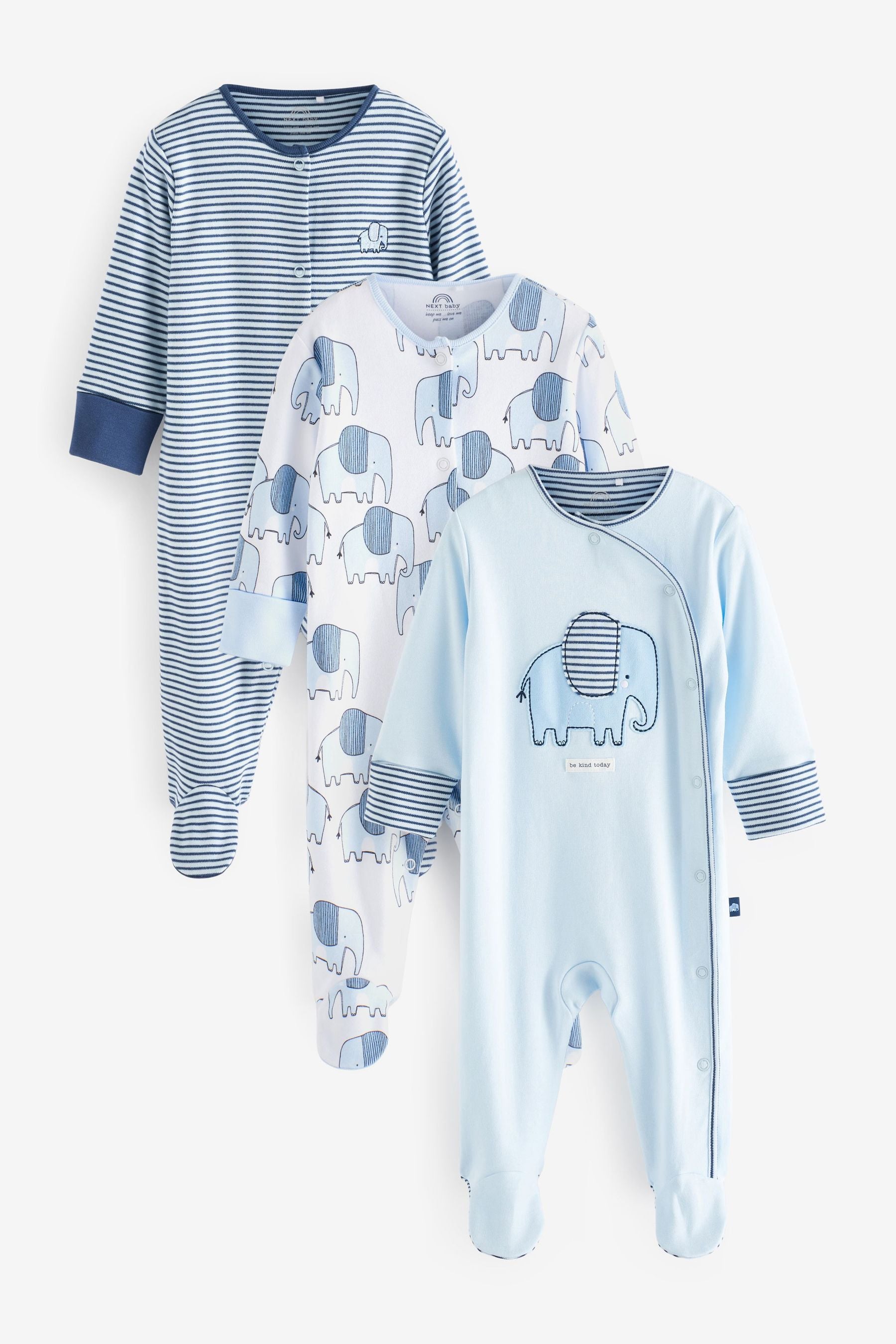 Pale Blue Elephant Baby Sleepsuits 3 Pack (0-2yrs)