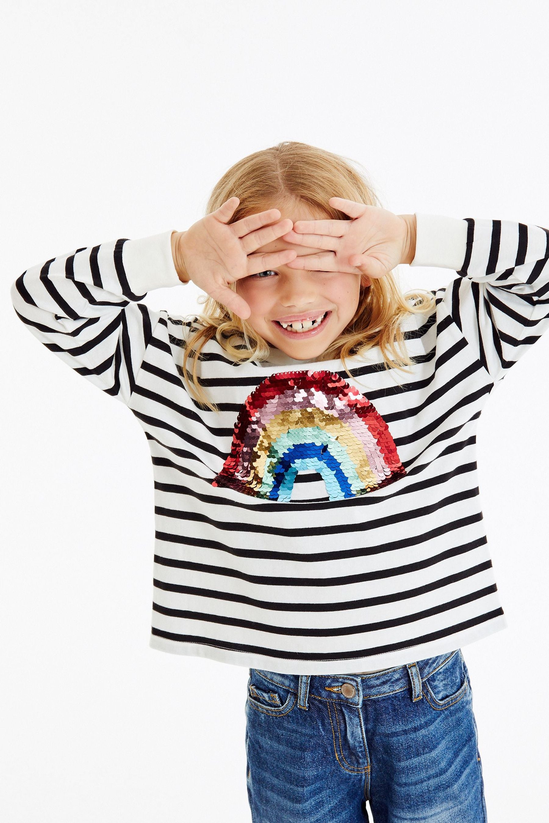 Black/White Stripe Rainbow Sequin Long Sleeve T-Shirt (3-16yrs)