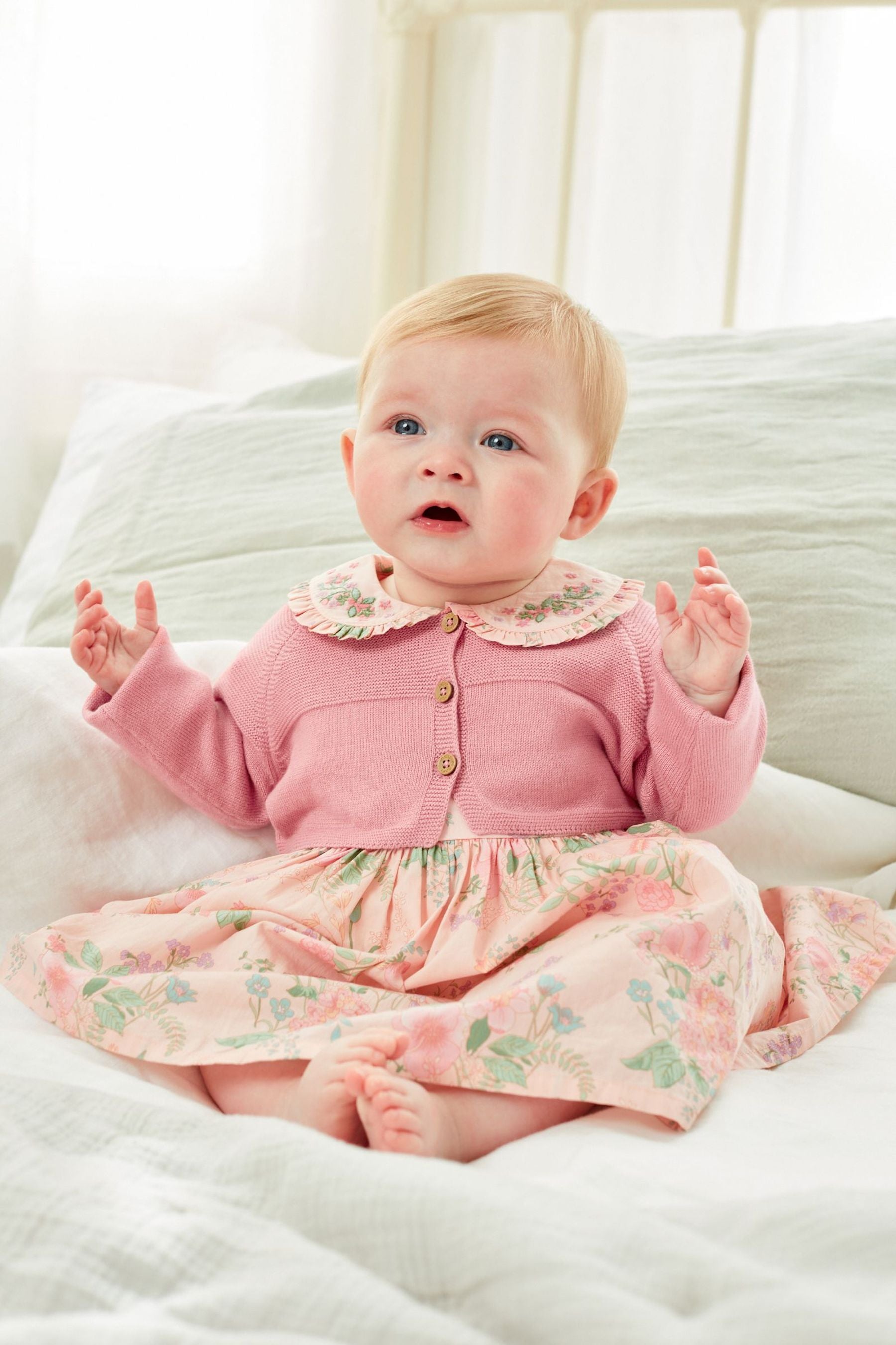 Pink Baby Woven Prom Dress and Cardigan (0mths-2yrs)