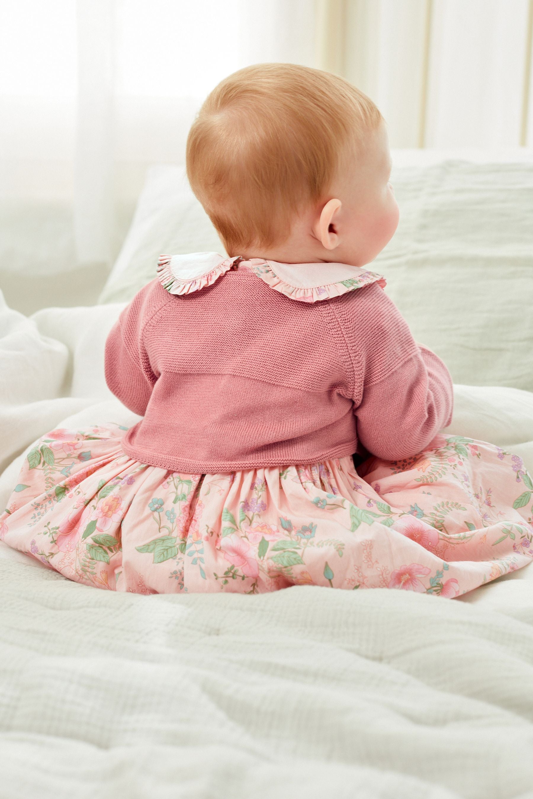 Pink Baby Woven Prom Dress and Cardigan (0mths-2yrs)