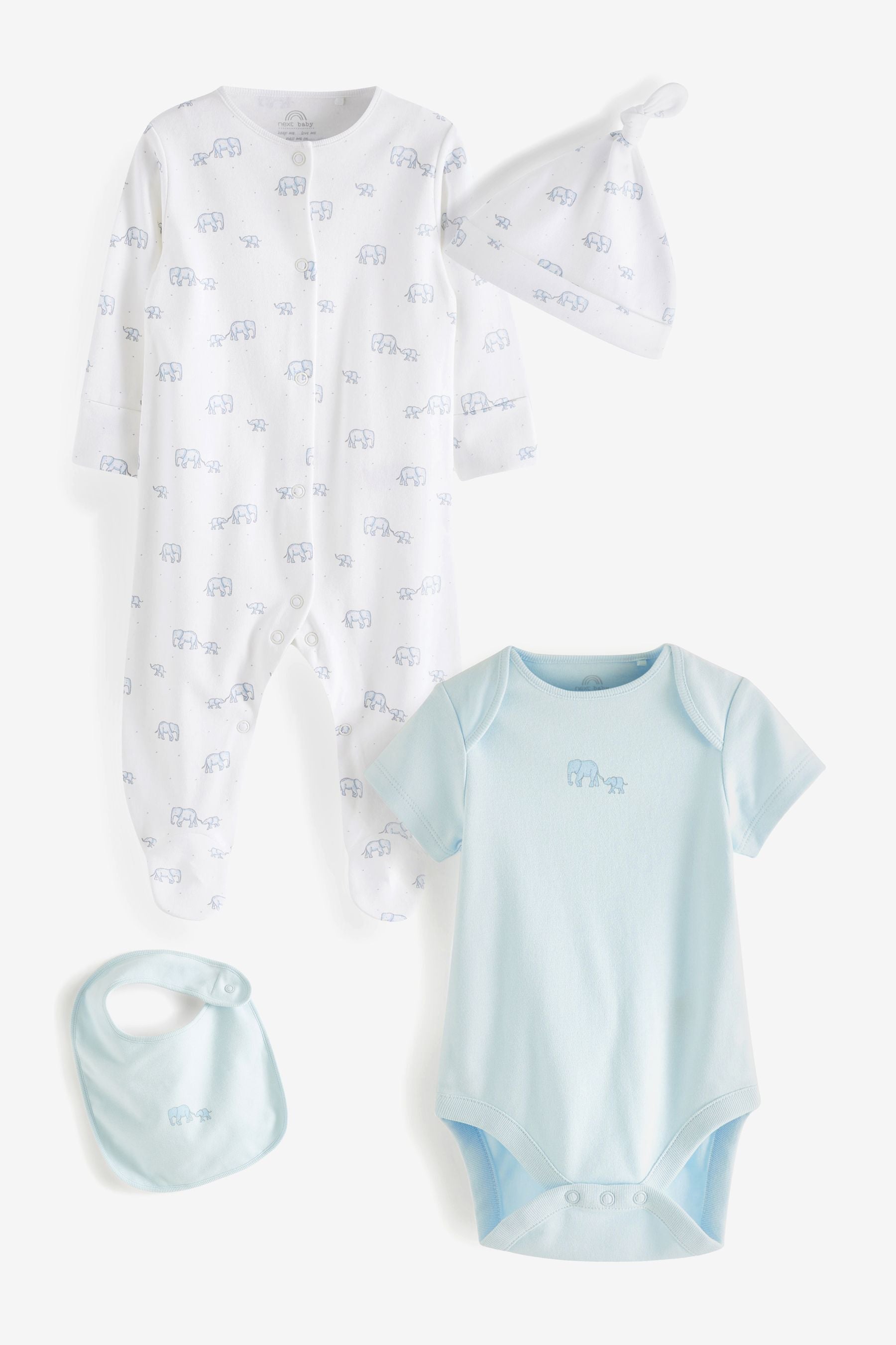 Pale Blue Elephant 5 Piece Baby Sleepsuits, Bodysuits & Hat Set (0-9mths)