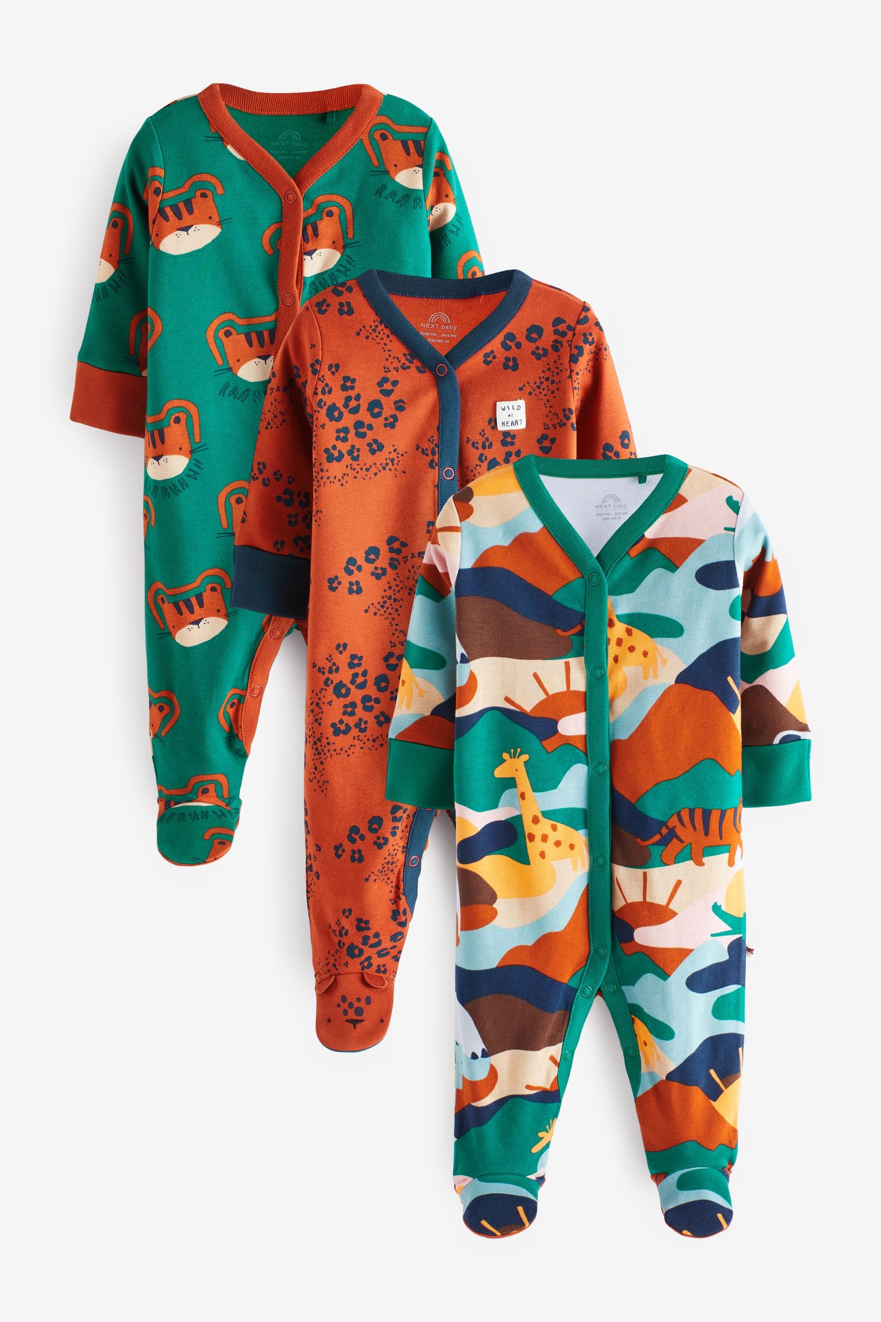 Rust Orange/Green Safari 3 Pack Baby Sleepsuits (0mths-2yrs)