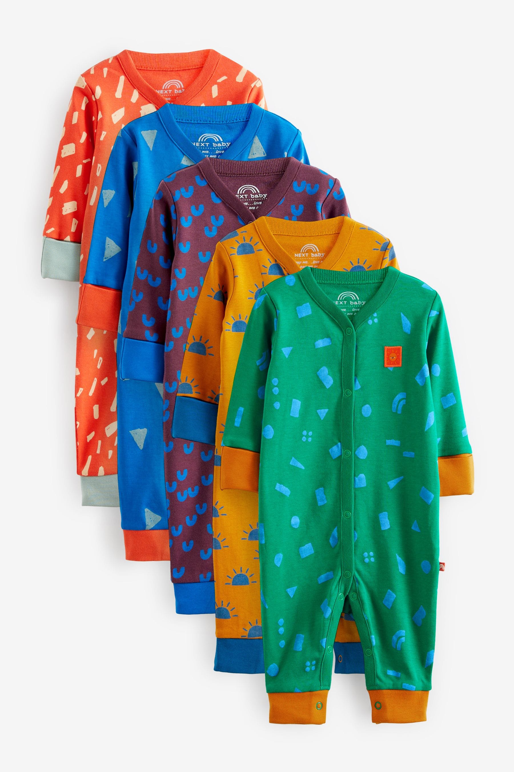 Blue, Green and Orange Baby Printed Footless Sleepsuits 5 Pack (0-3yrs)