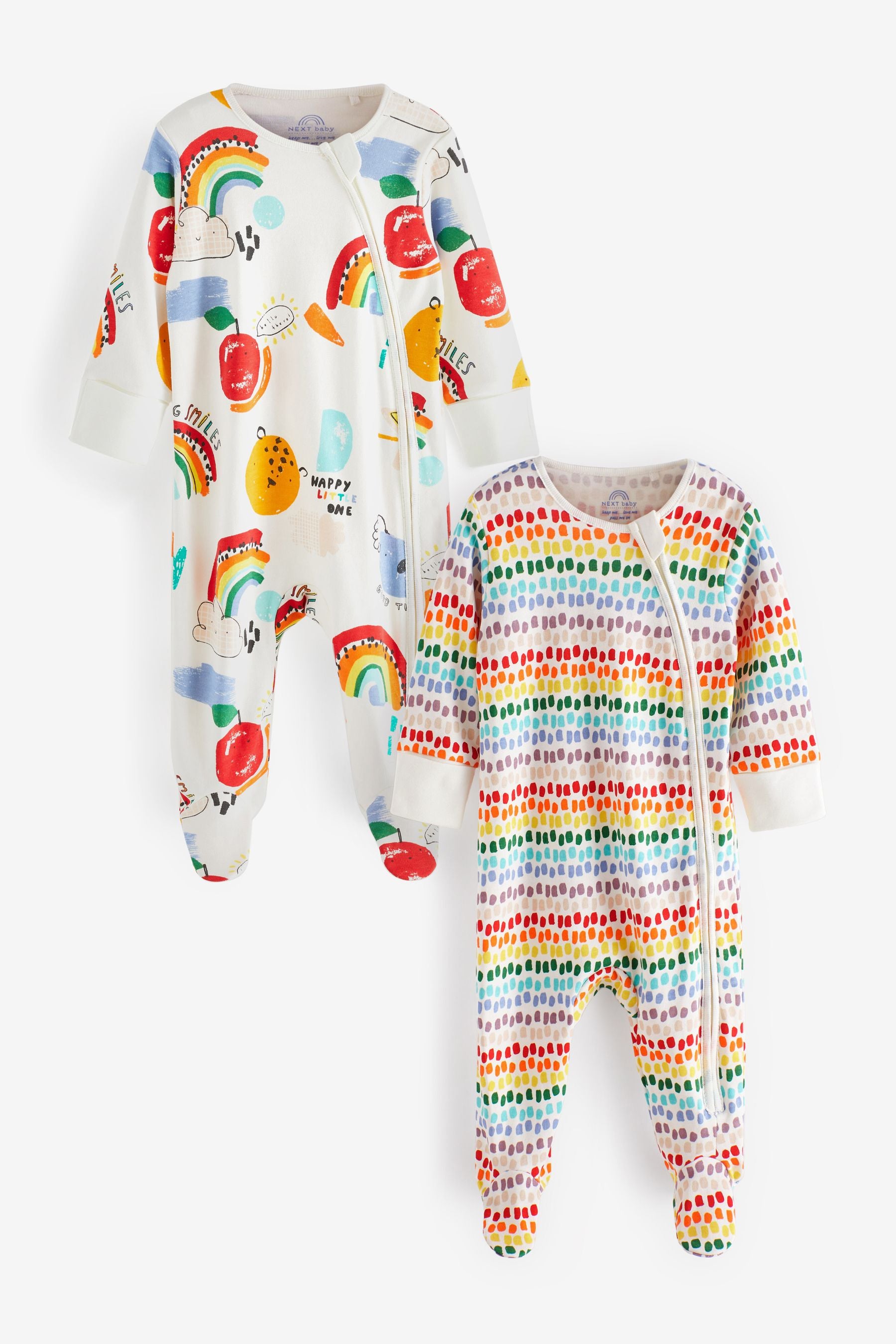 White Bright Rainbow Print Baby 2 Pack Zip Sleepsuits (0-3yrs)