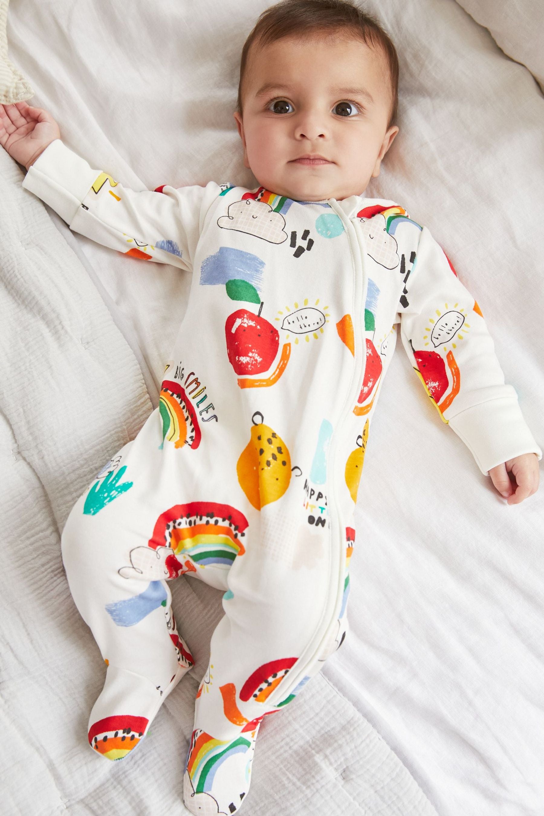 White Bright Rainbow Print Baby 2 Pack Zip Sleepsuits (0-3yrs)