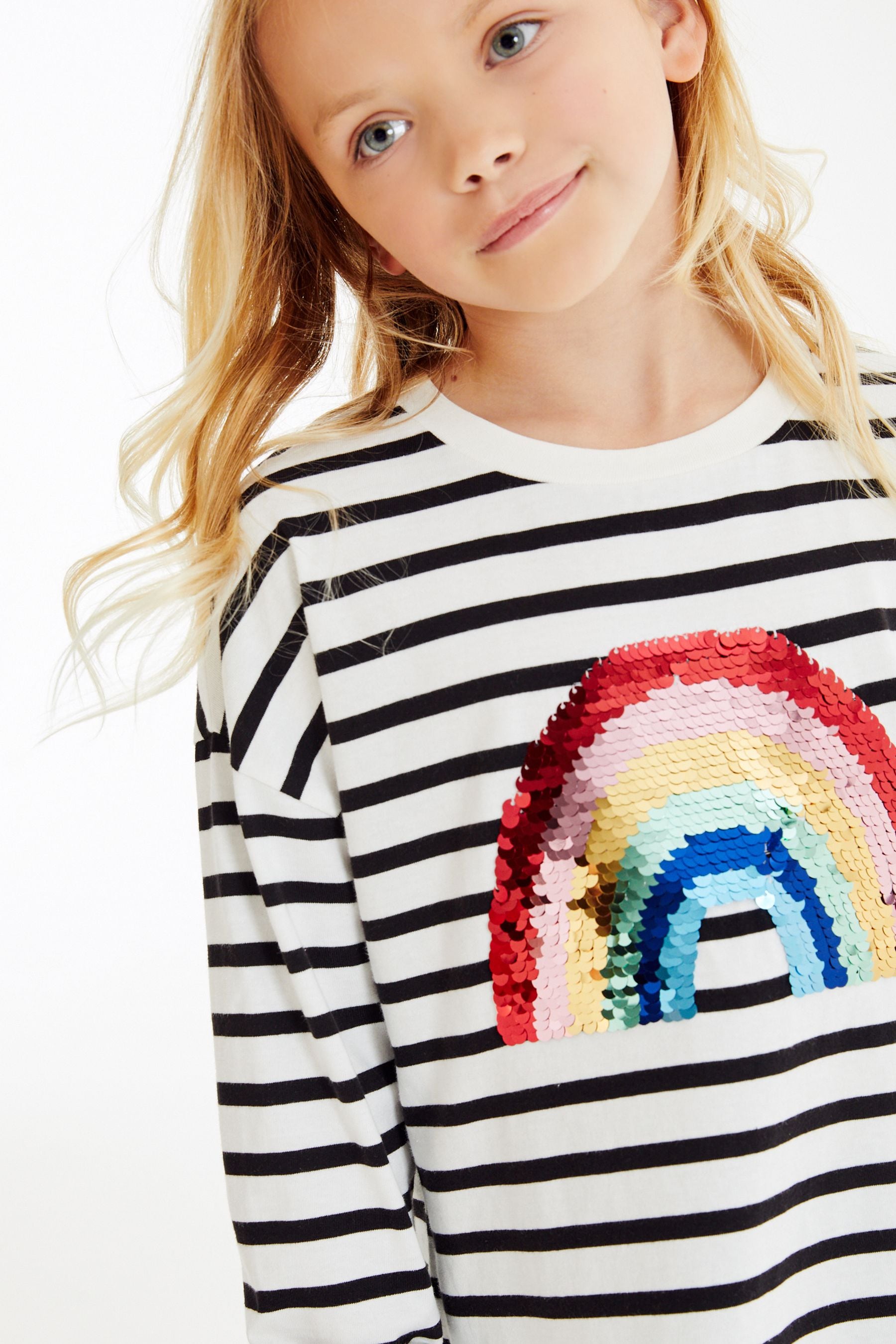 Black/White Stripe Rainbow Sequin Long Sleeve T-Shirt (3-16yrs)