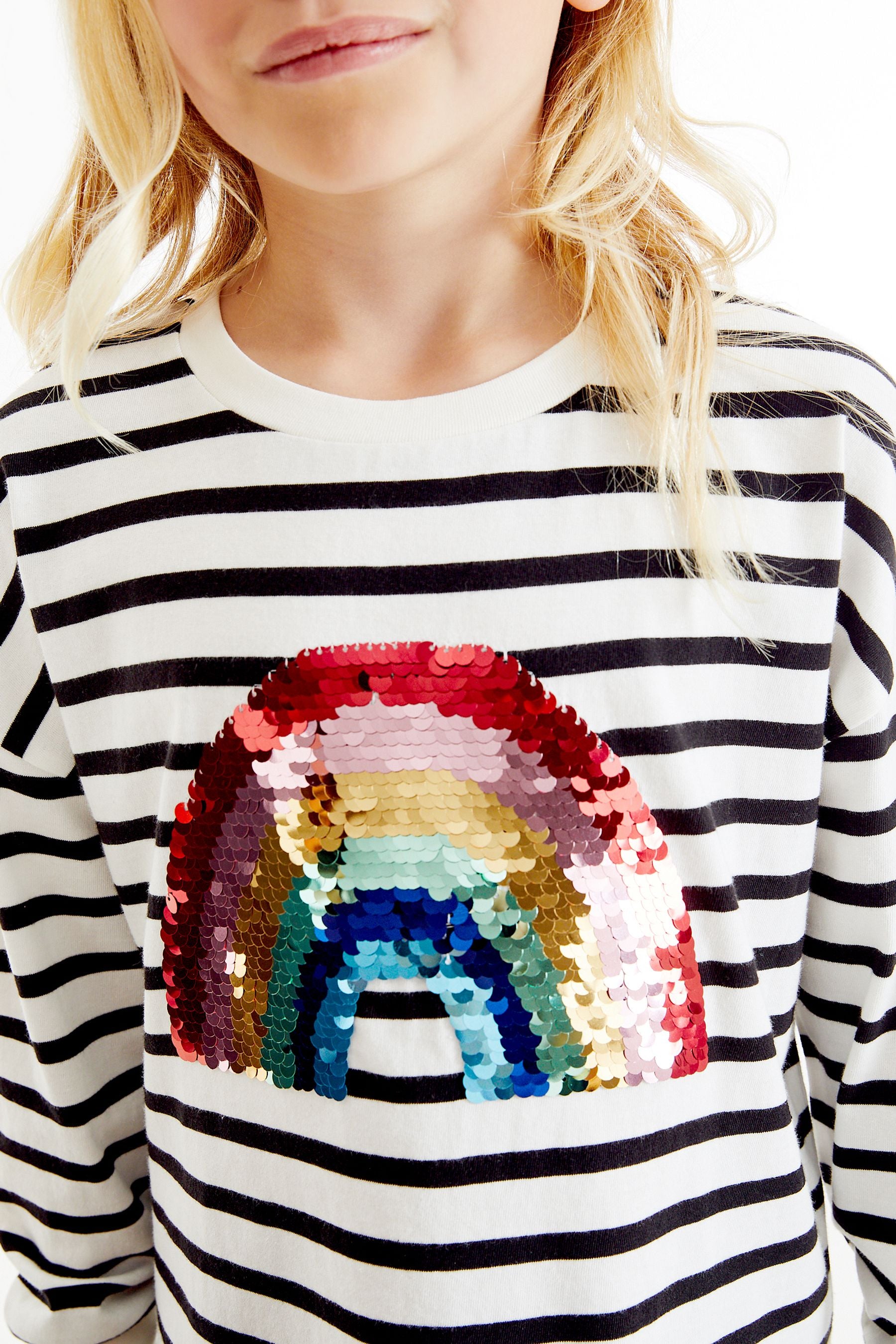 Black/White Stripe Rainbow Sequin Long Sleeve T-Shirt (3-16yrs)