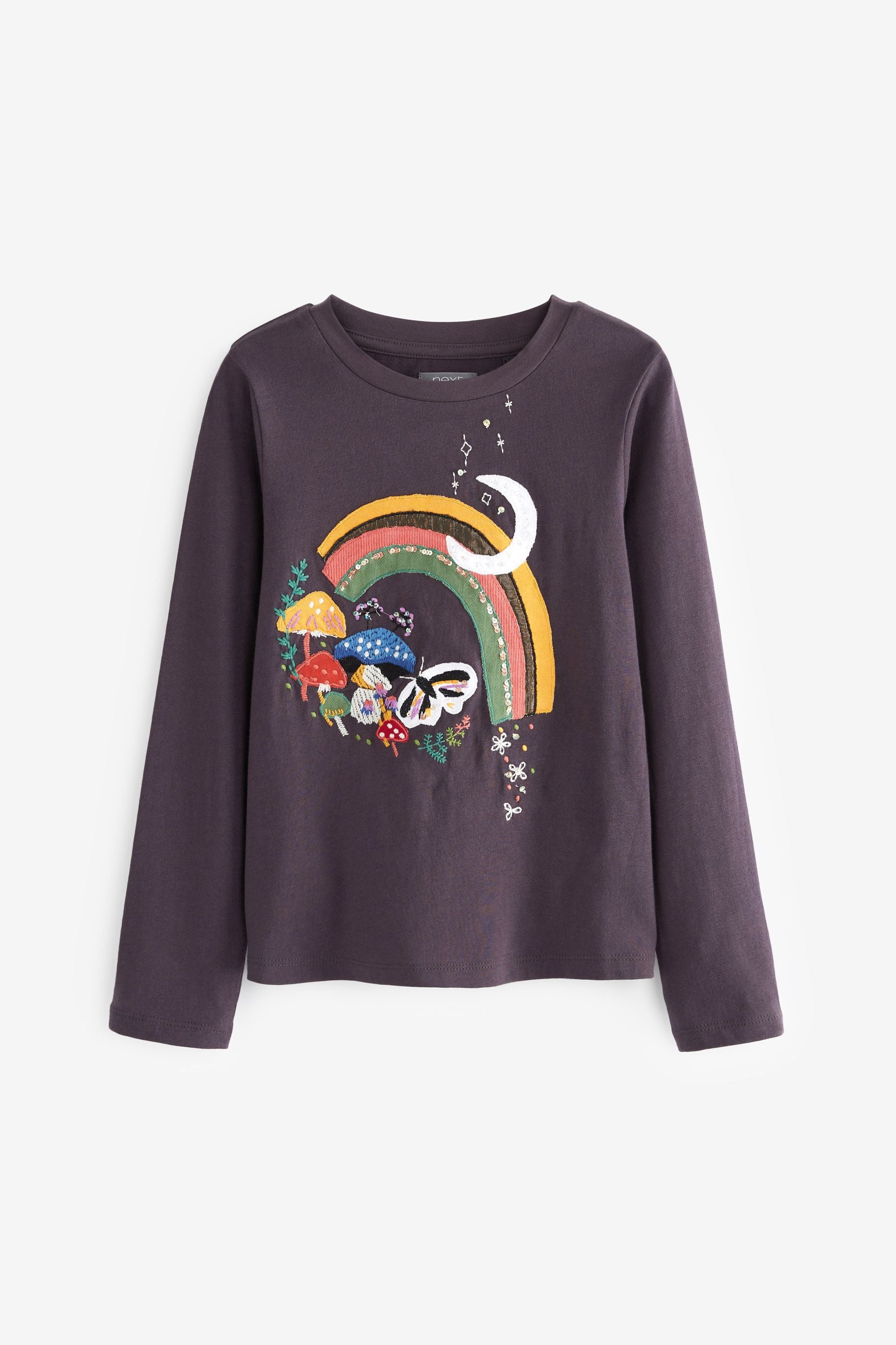 Charcoal Embroidered Rainbow Butterfly Long Sleeve Top (3-16yrs)