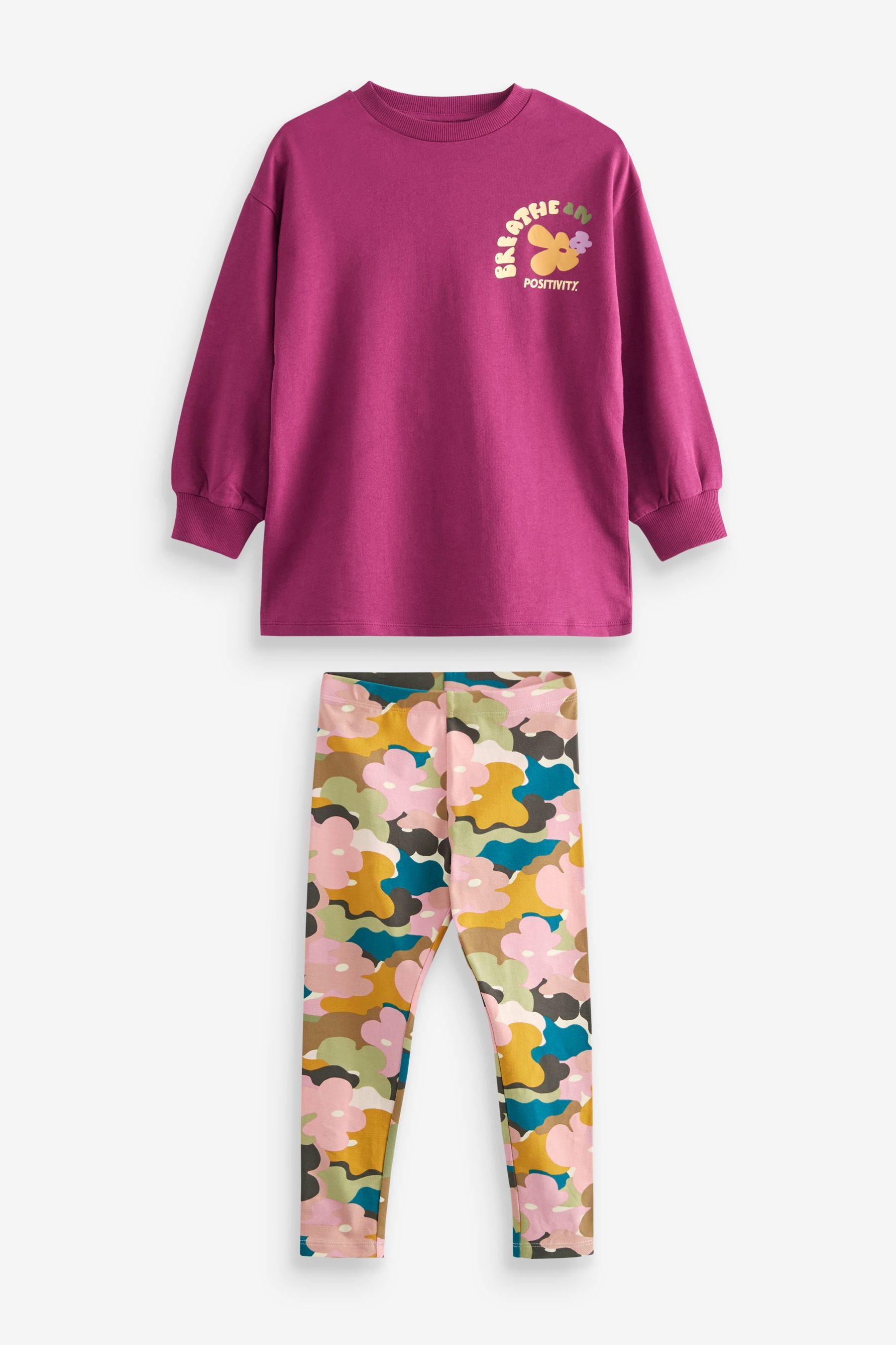 Plum Purple Camo Flower Longline Sweatshirt And Leggings (3-16yrs)