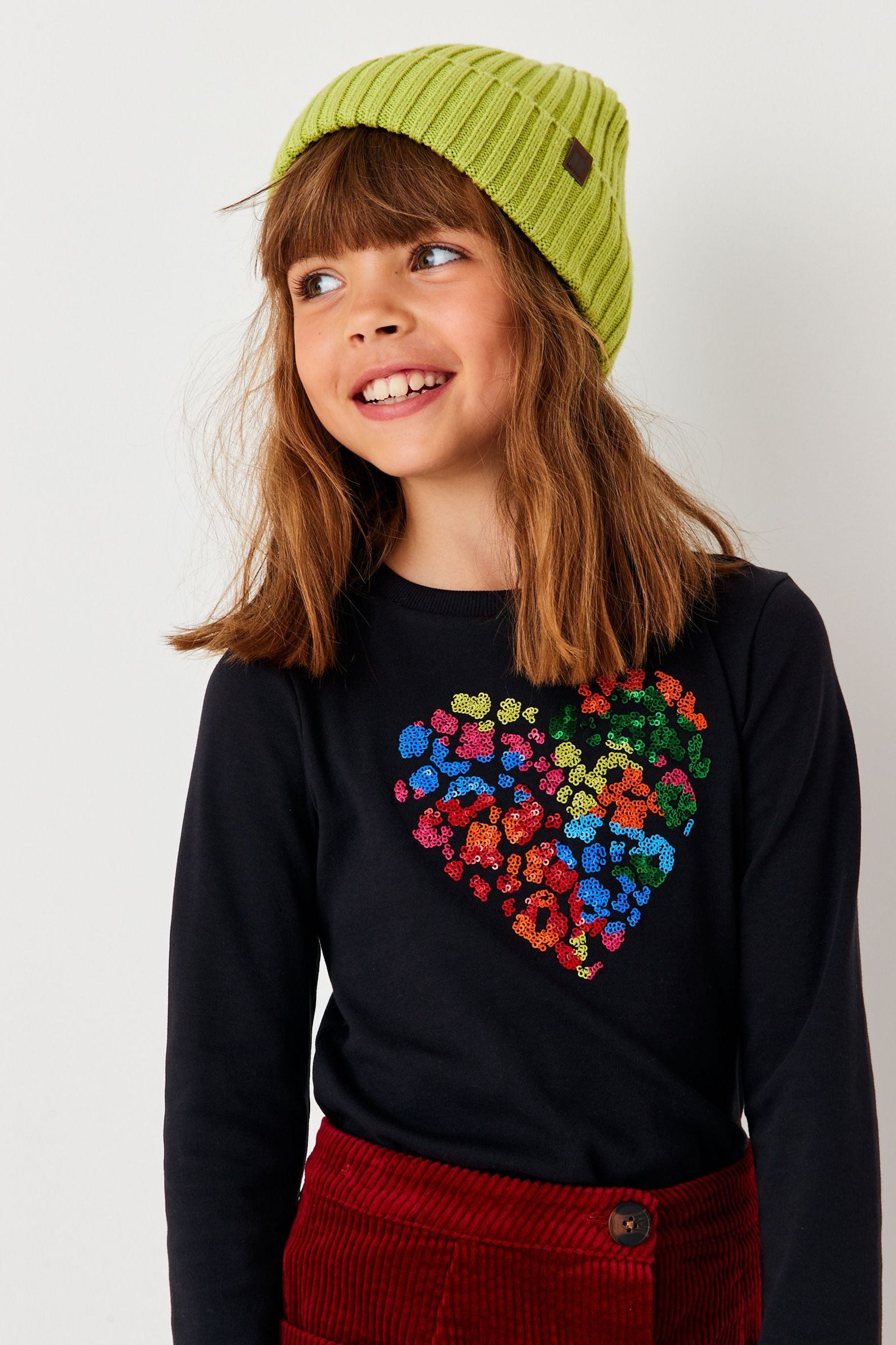 Black Rainbow Animal Print Heart Sequin Long Sleeve Top (3-16yrs)