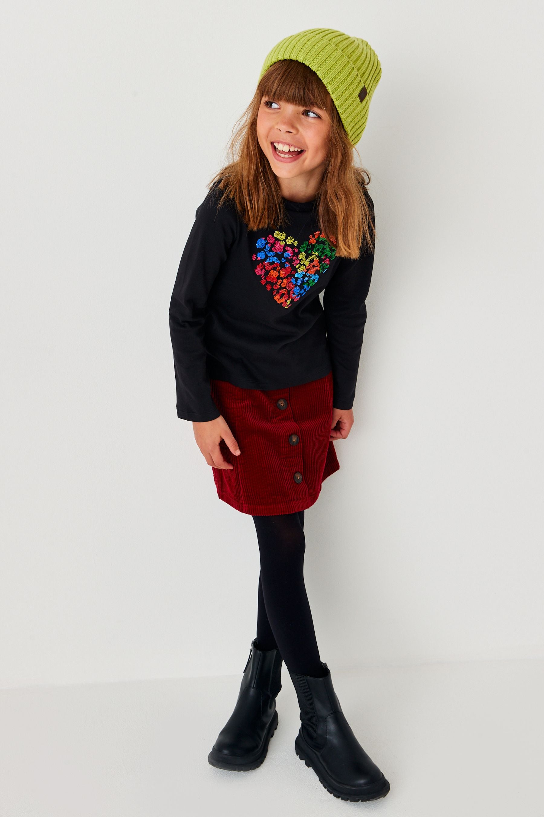 Black Rainbow Animal Print Heart Sequin Long Sleeve Top (3-16yrs)