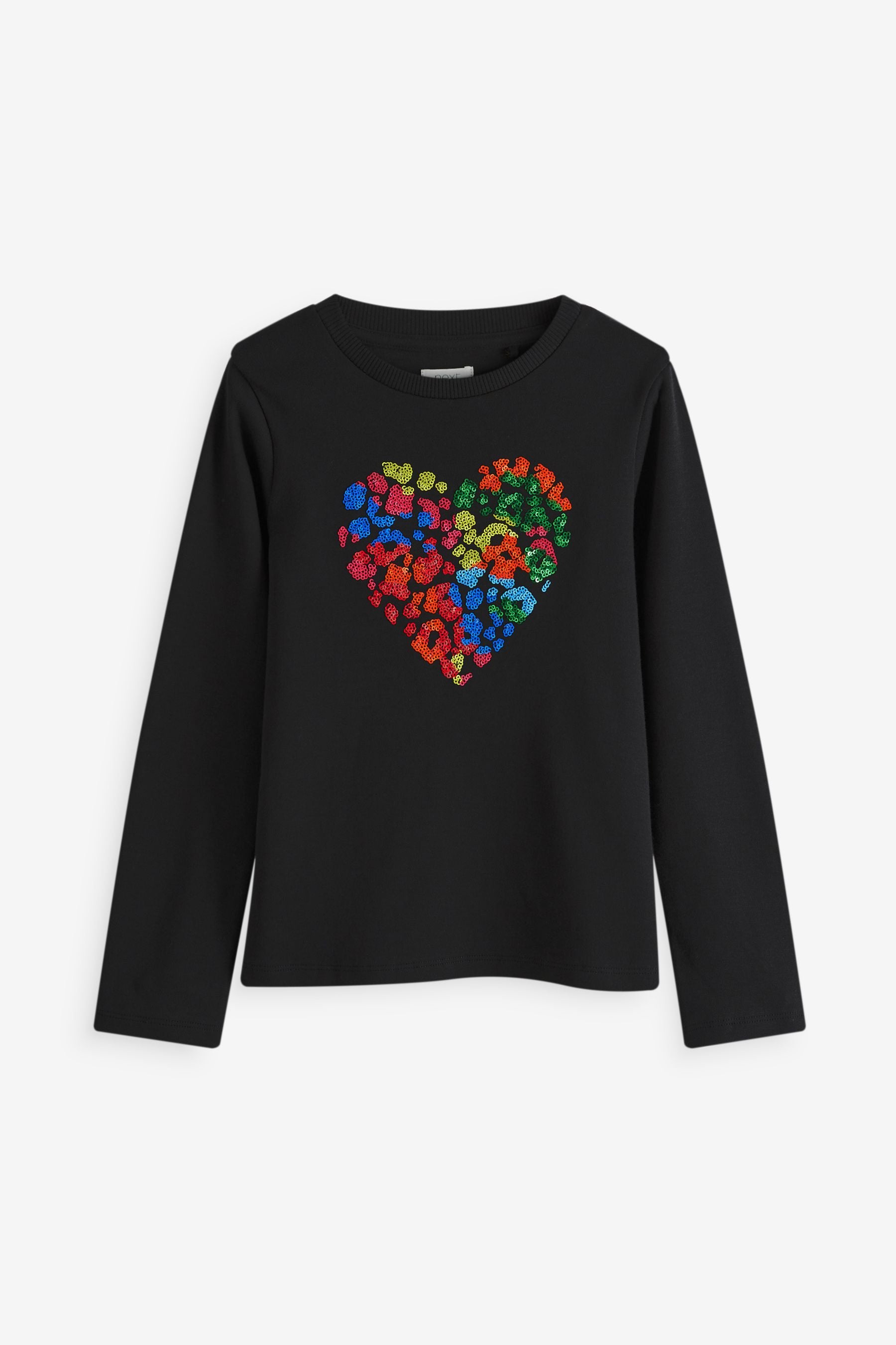 Black Rainbow Animal Print Heart Sequin Long Sleeve Top (3-16yrs)