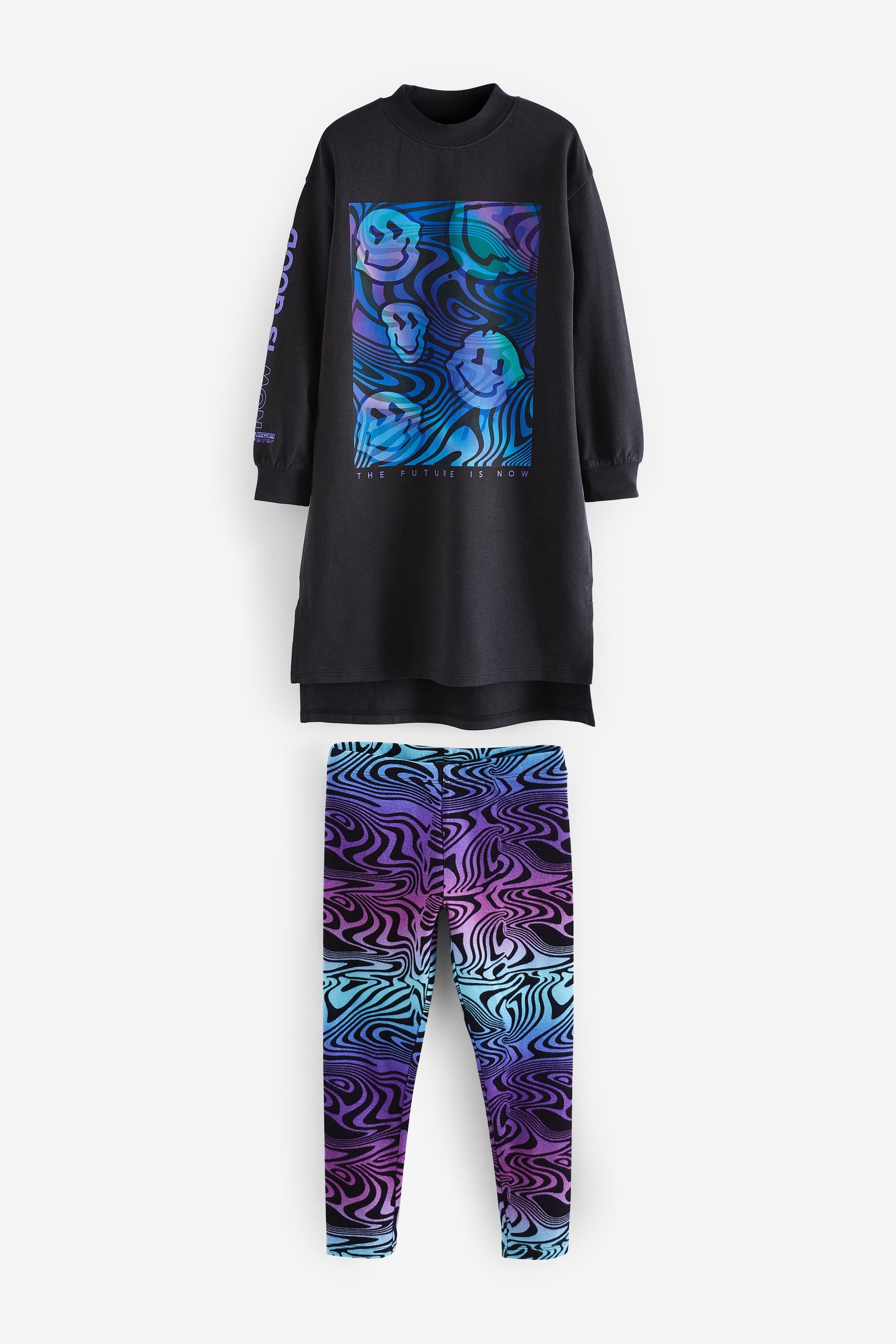 Charcoal Grey / Purple Swirl Smile Longline Sweat And Leggings Set (3-16yrs)