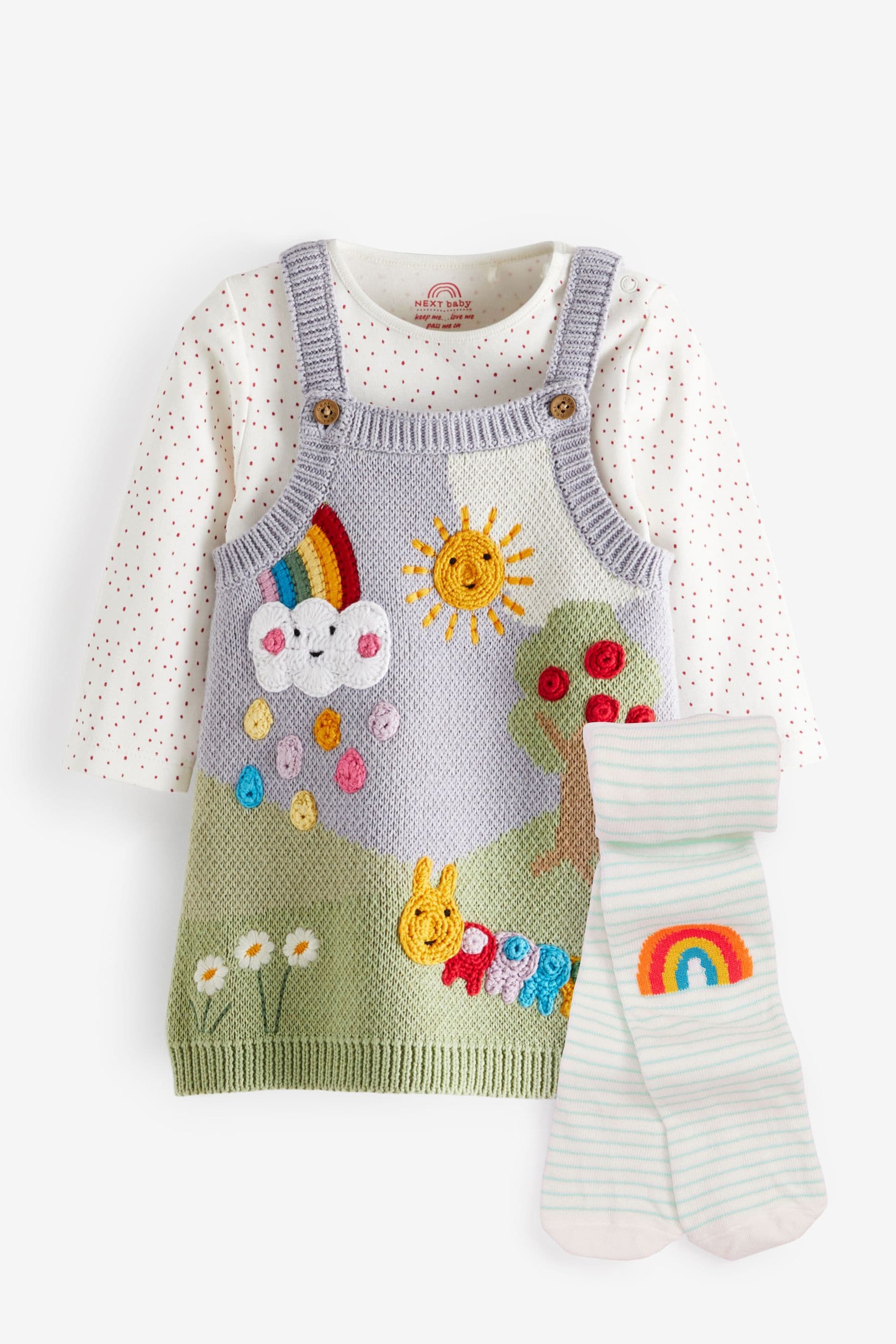 Bright Knitted Character Scene Baby Pinafore Dress With Bodysuit And Tights (0mths-2yrs)