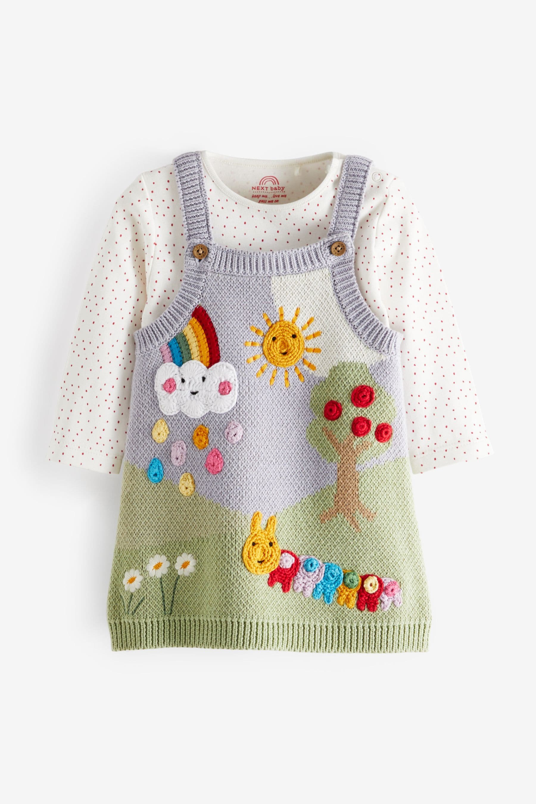 Bright Knitted Character Scene Baby Pinafore Dress With Bodysuit And Tights (0mths-2yrs)