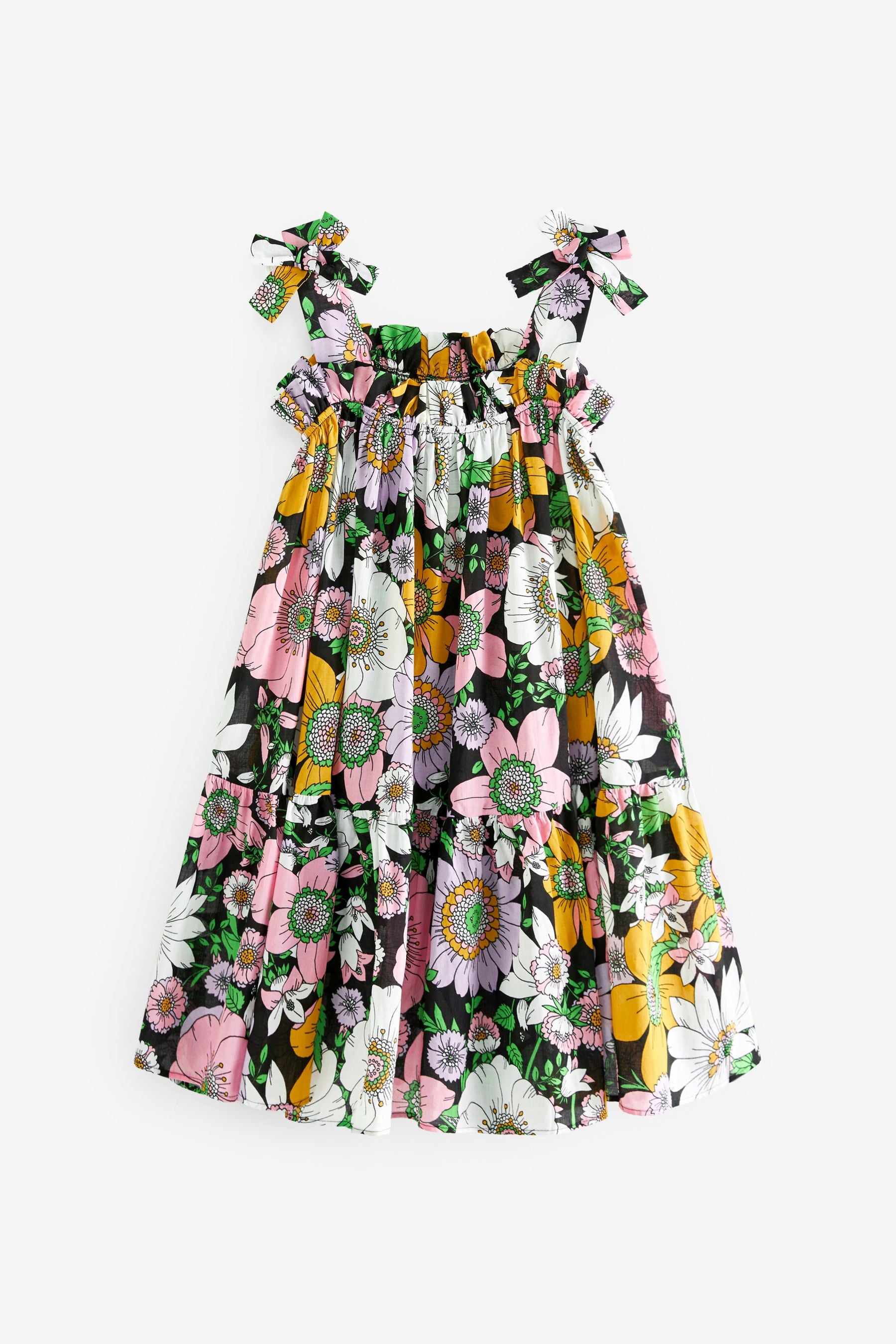 Black Retro Floral Tie Shoulder Dress (3-16yrs)