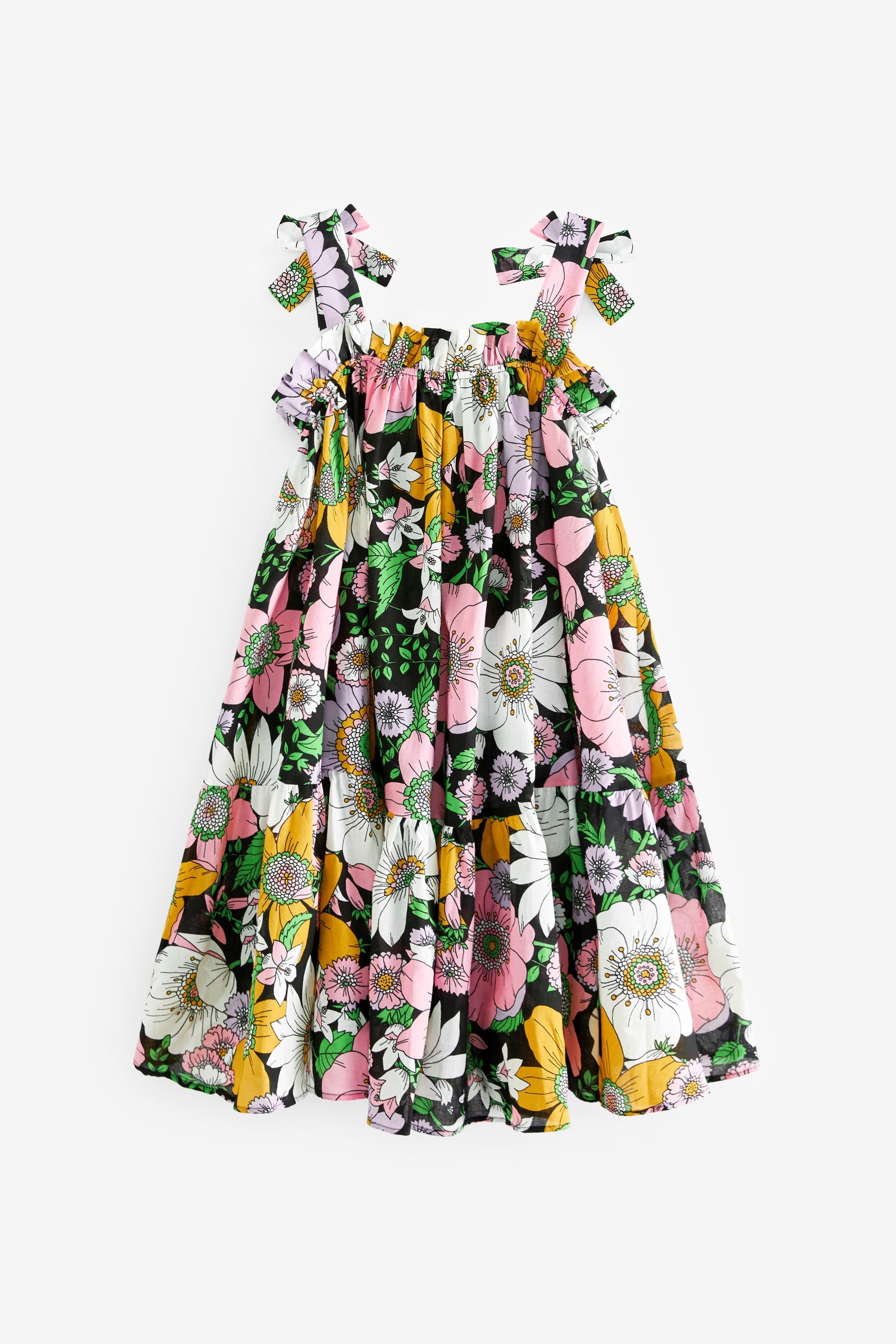 Black Retro Floral Tie Shoulder Dress (3-16yrs)