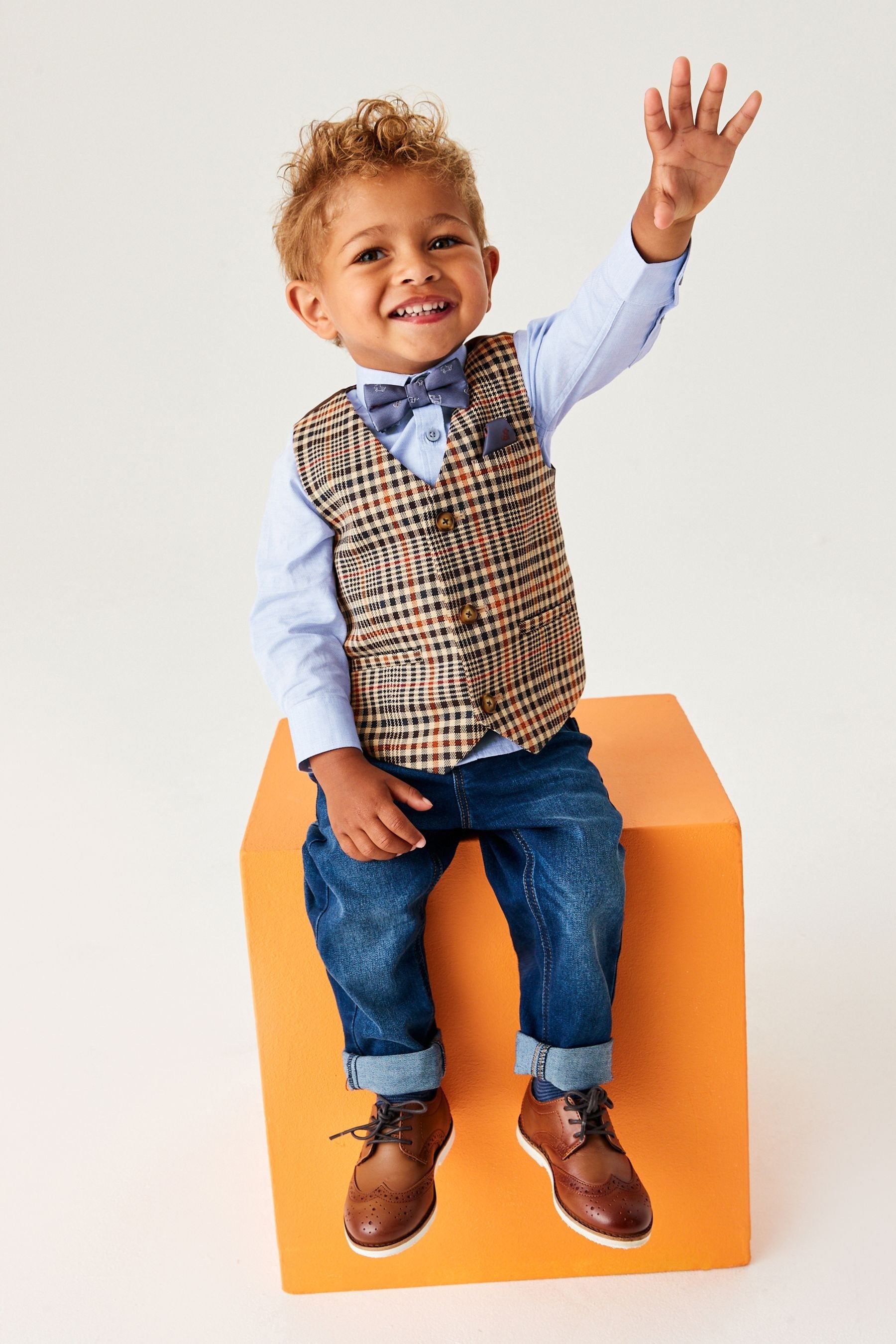 Brown Check Waistcoat, Shirt And Bow Tie Set (3mths-7yrs)