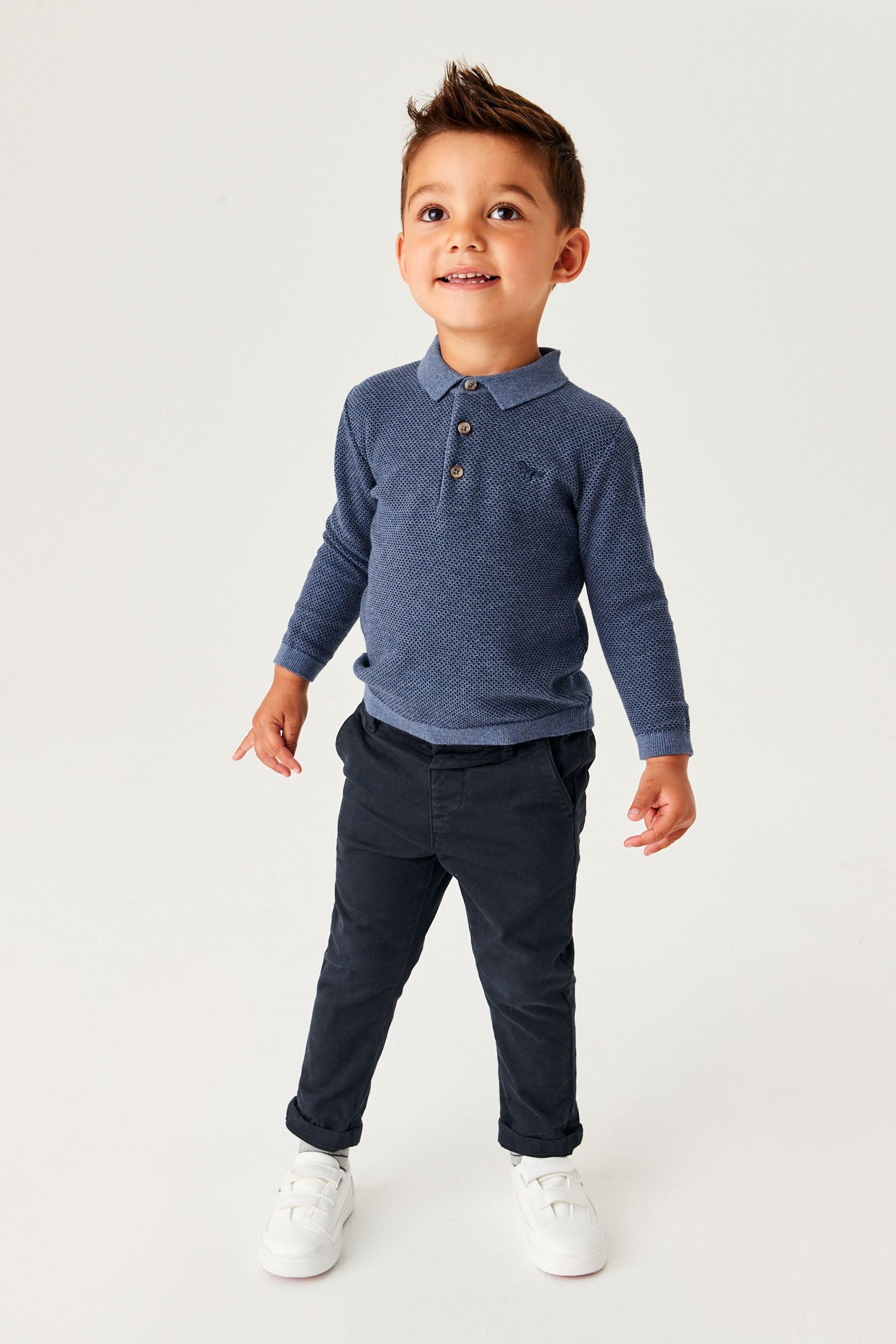 Navy Blue Long Sleeve Plain Polo Shirt (3mths-7yrs)