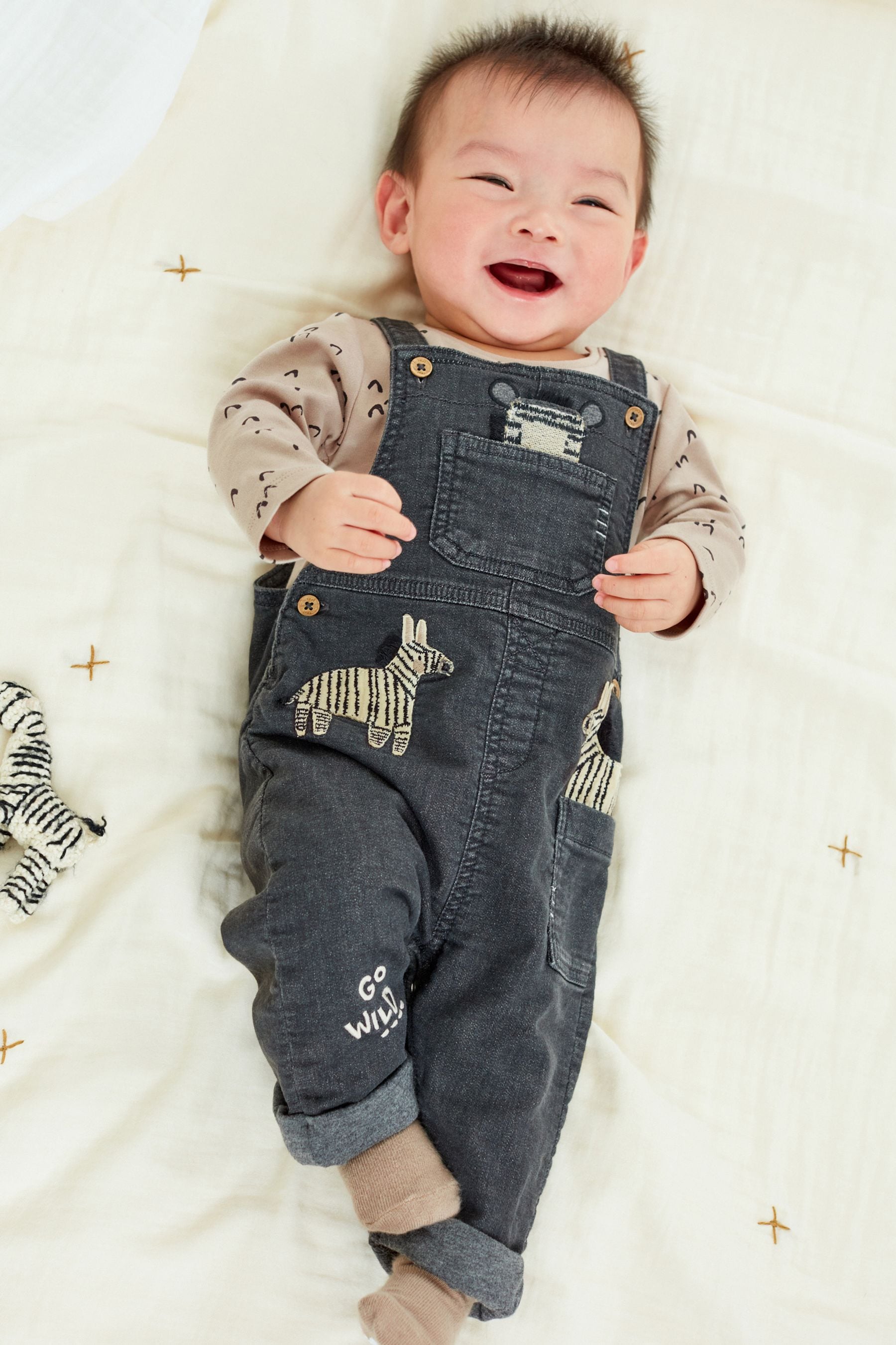 Grey Zebra Appliqu 2 Piece Baby Denim Dungarees And Bodysuit Set (0mths-3yr