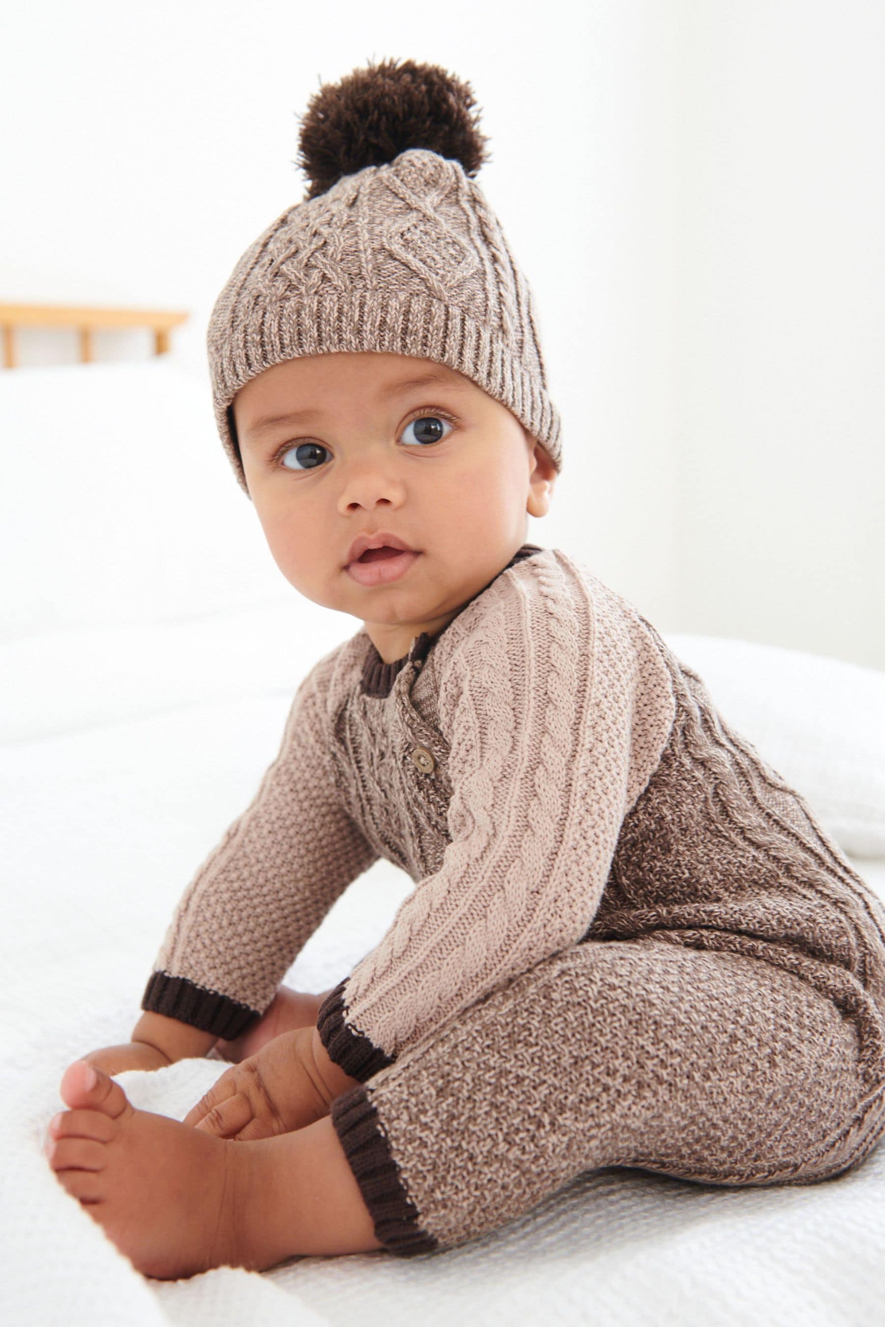 Brown Knitted Baby Rompersuit And Hat (0mths-2yrs)