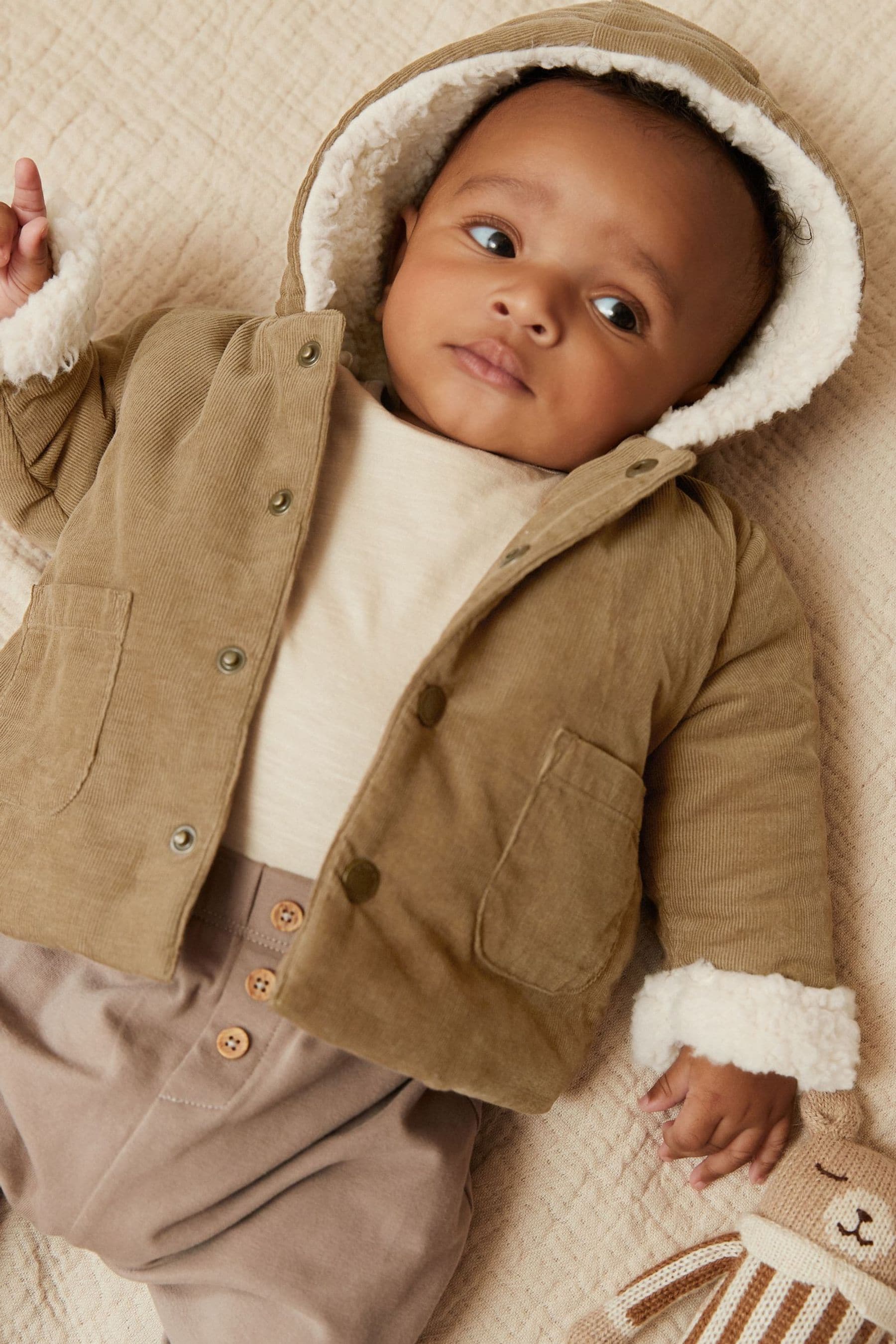 Brown Cord Baby Borg Lined Hooded Jacket (0mths-2yrs)