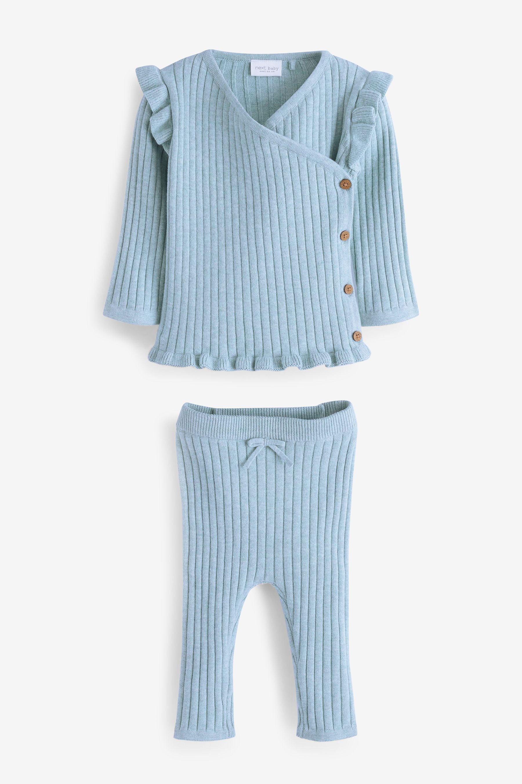 Teal Blue 2 Piece Knitted Wrap Over Baby Top And Leggings Set (0mths-2yrs)