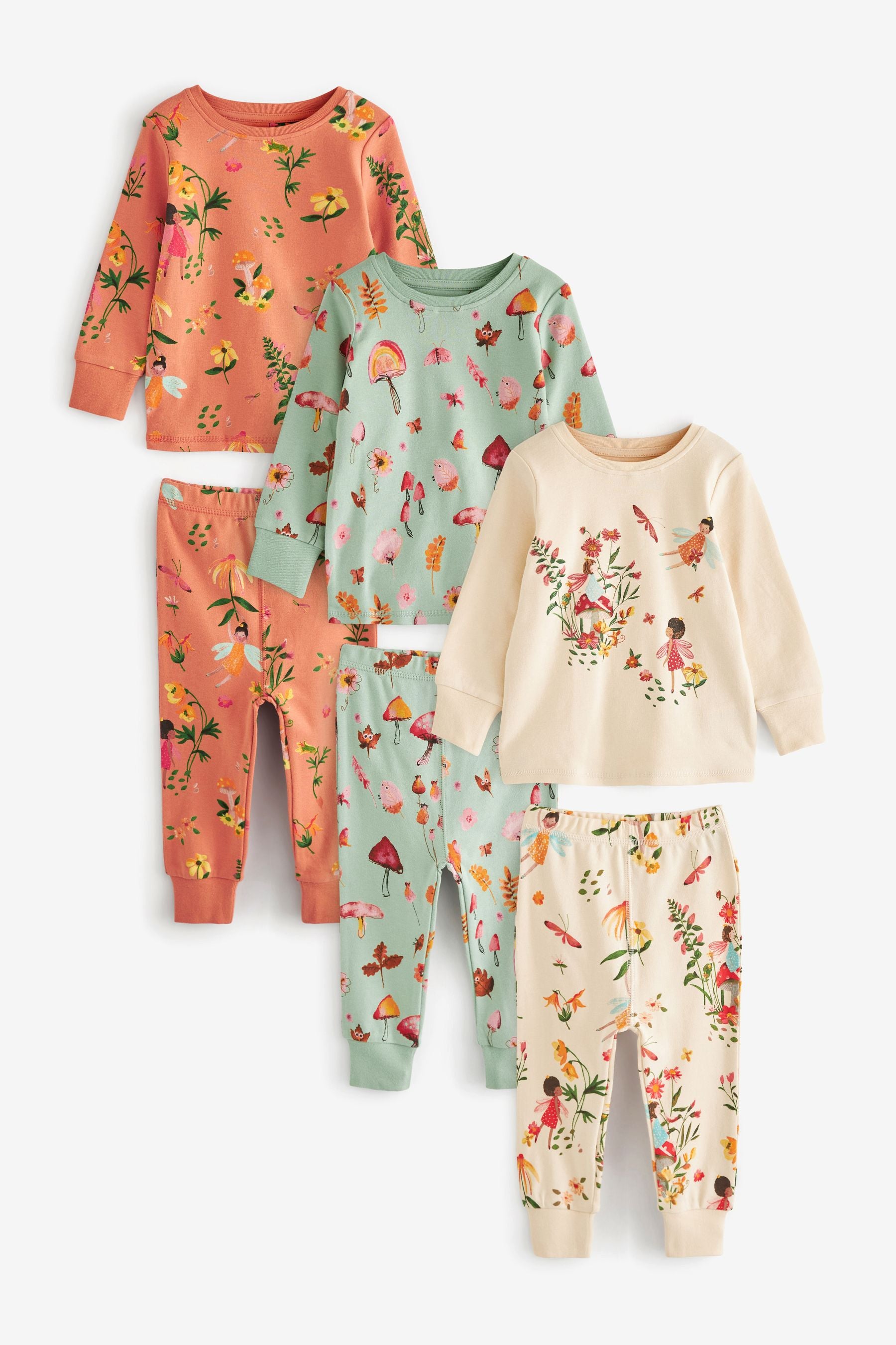 Orange/Cream/Green Fairy/Mushroom 3 Pack Pyjamas (9mths-12yrs)