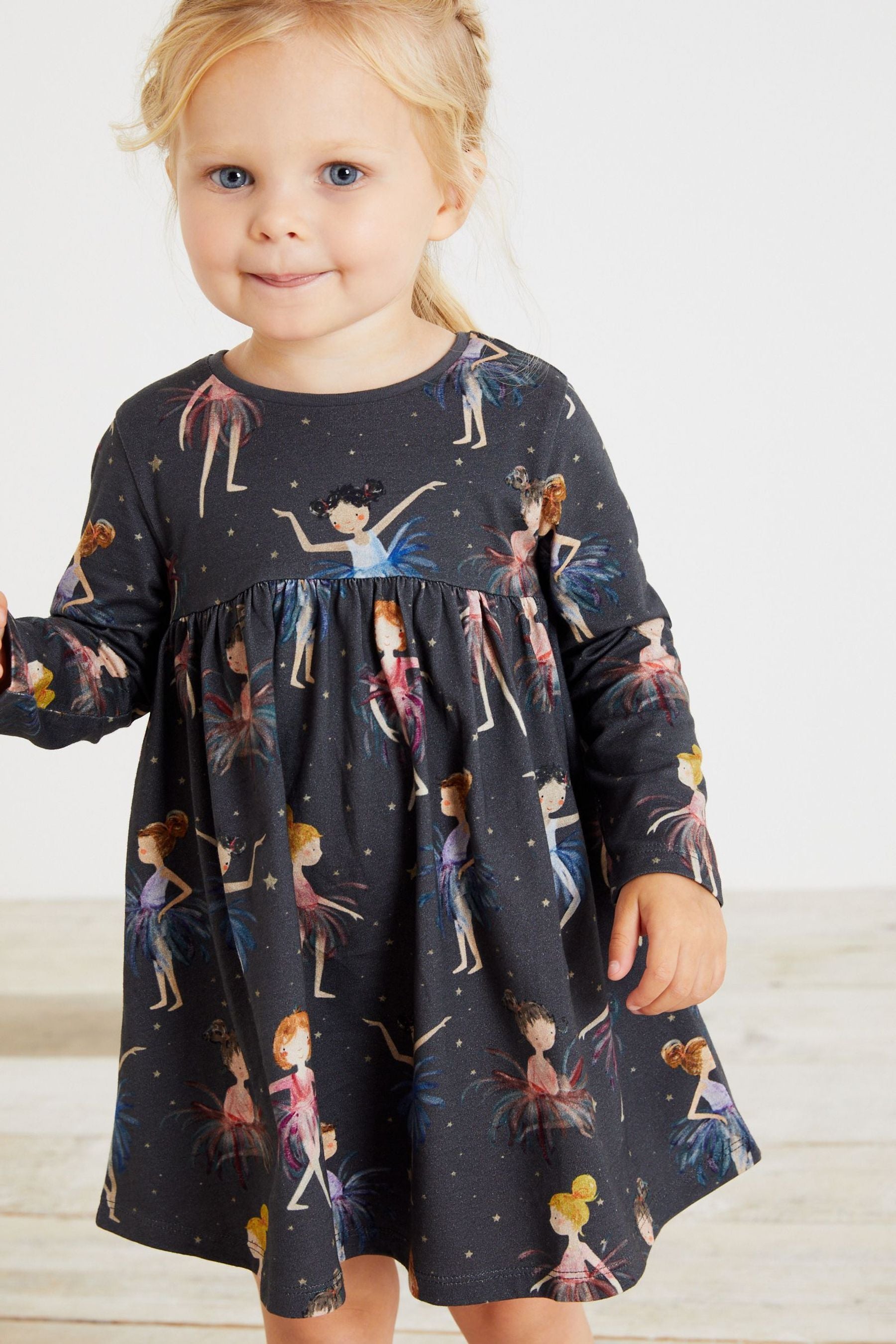 Charcoal Ballet Character Long Sleeve Jersey Dress (3mths-7yrs)