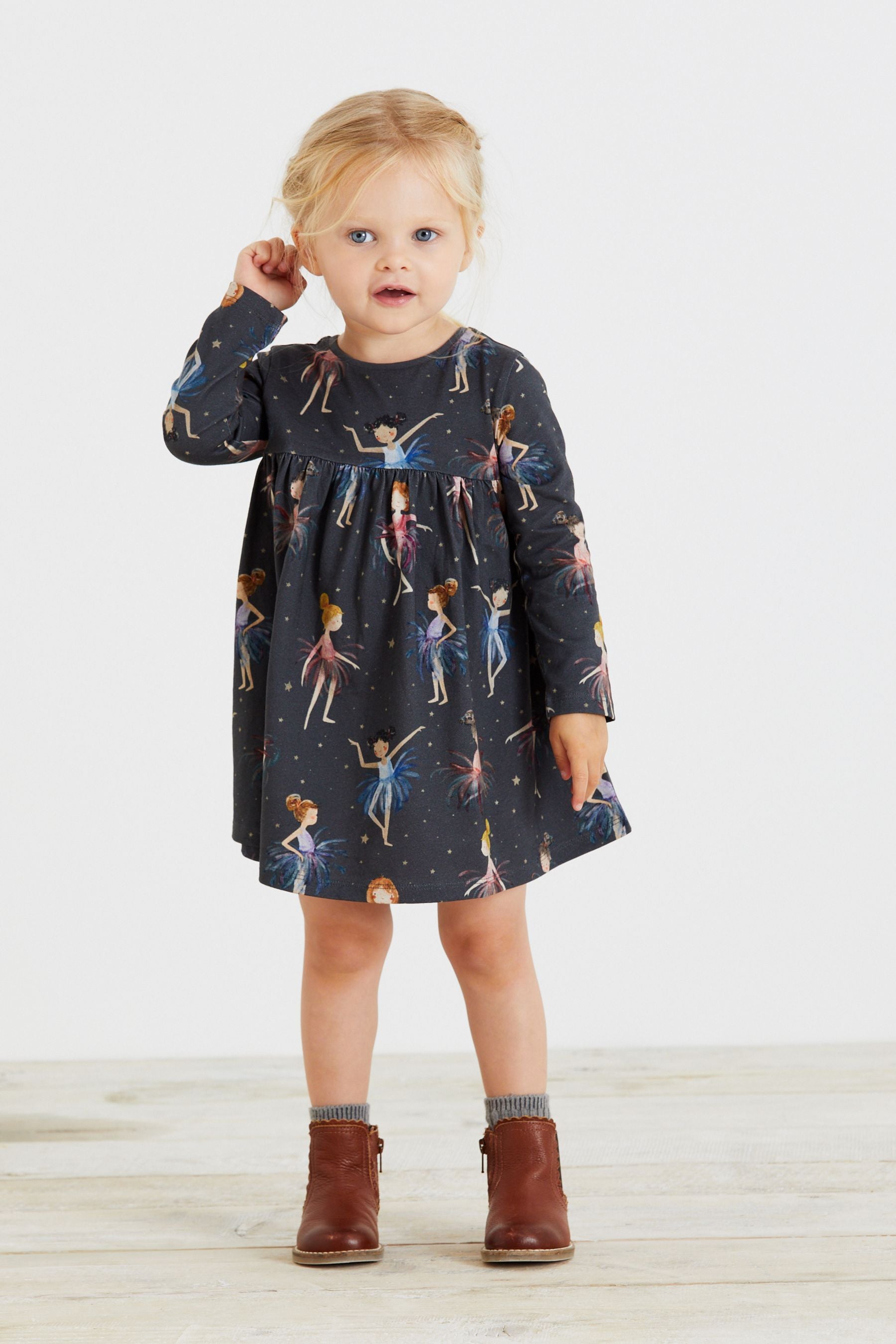 Charcoal Ballet Character Long Sleeve Jersey Dress (3mths-7yrs)