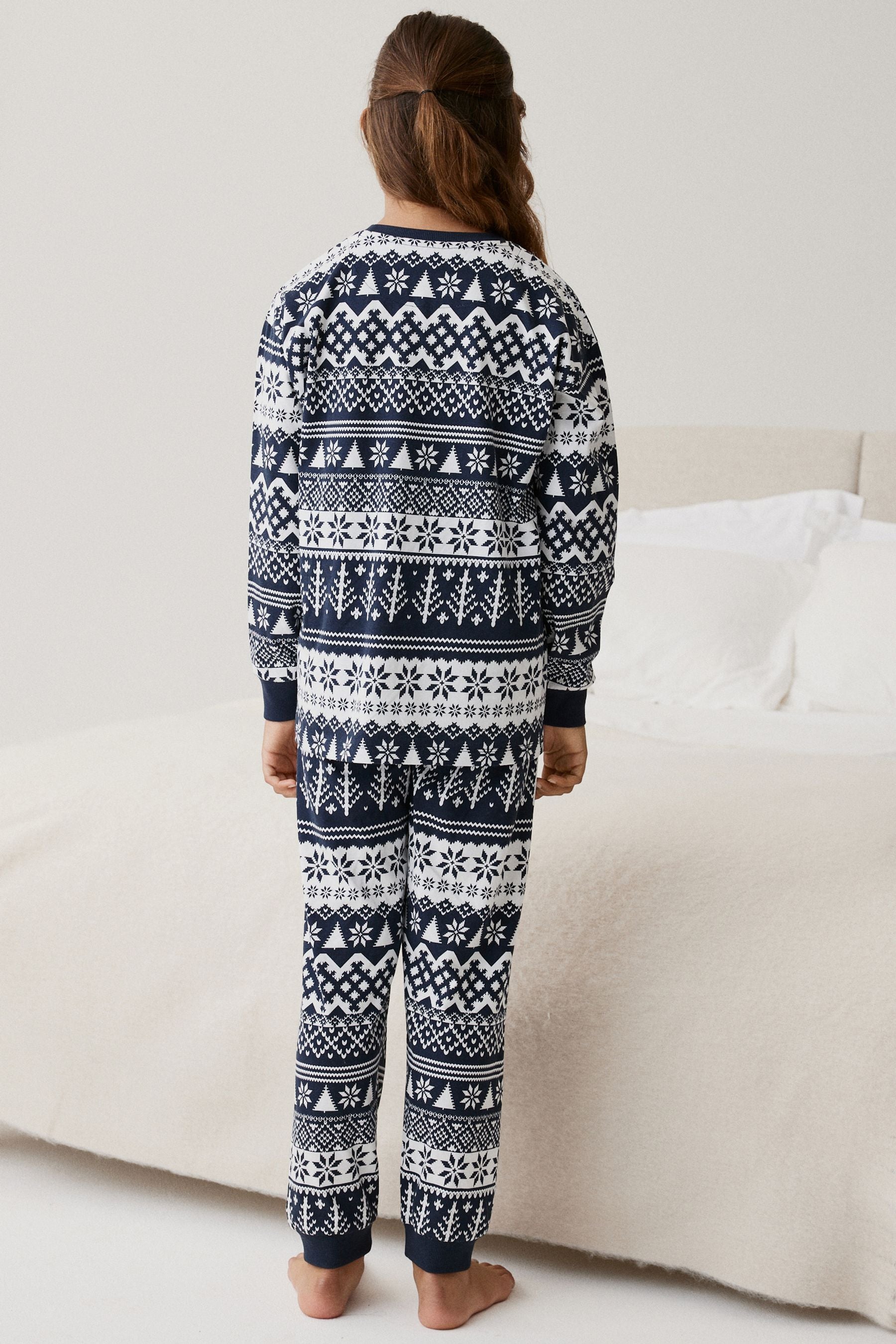 Navy Blue Fairisle Pattern Matching Family Kids Christmas Cotton Pyjamas (9mths-16yrs)