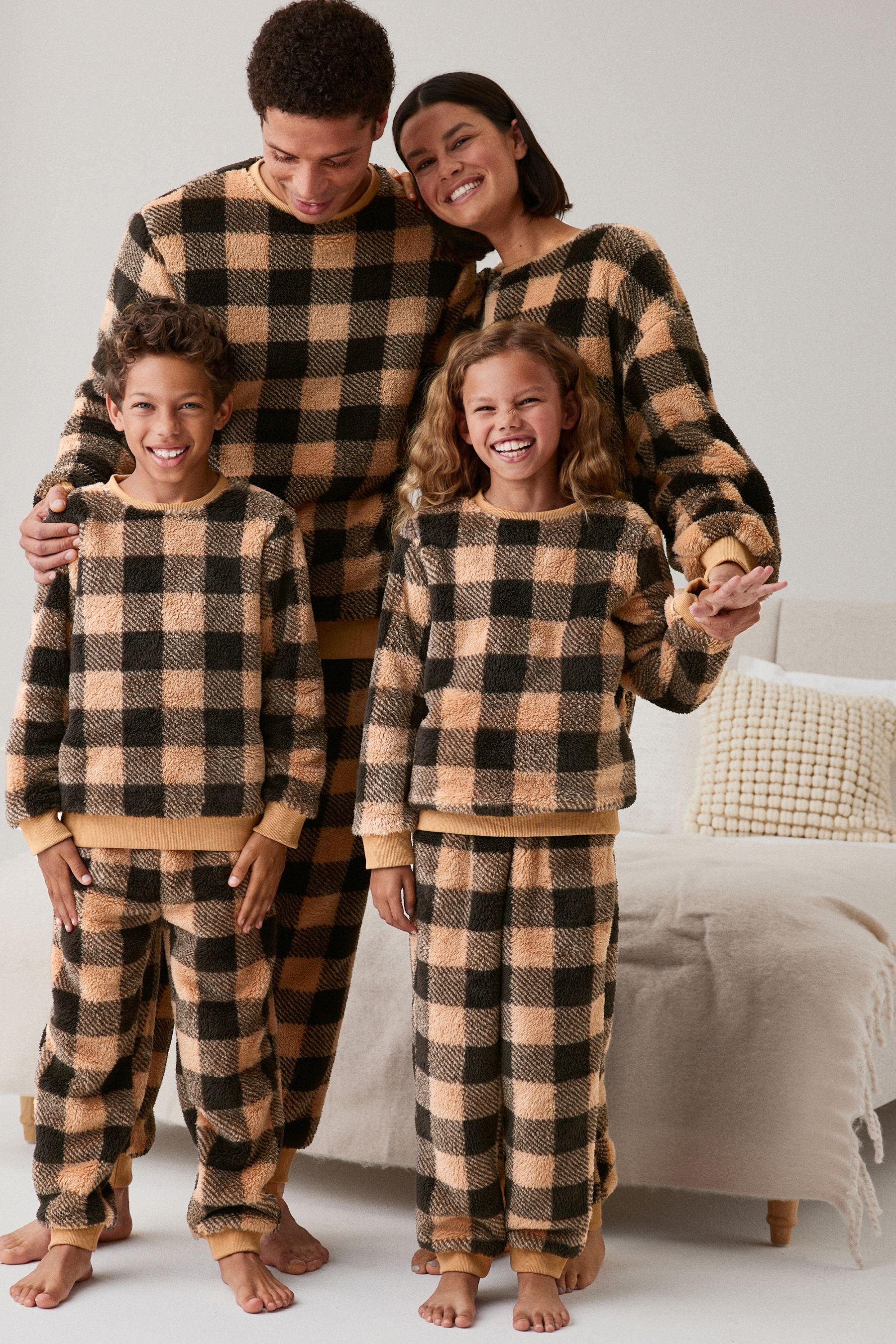 Neutral Check Matching Family Kids Cosy Fleece Pyjamas (3-16yrs)