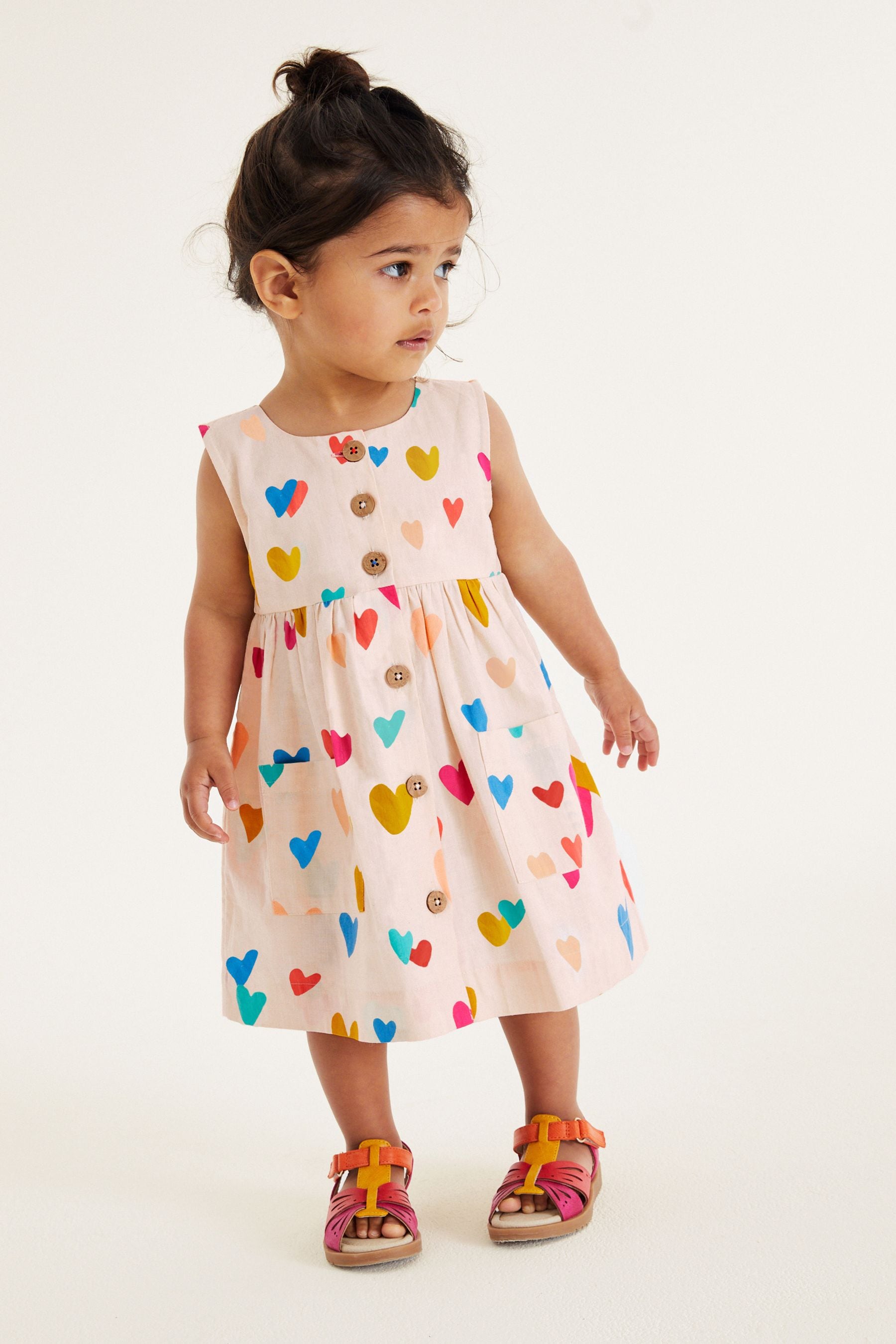 Pink/Cream Heart Print Button Front Cotton Dress (3mths-8yrs)