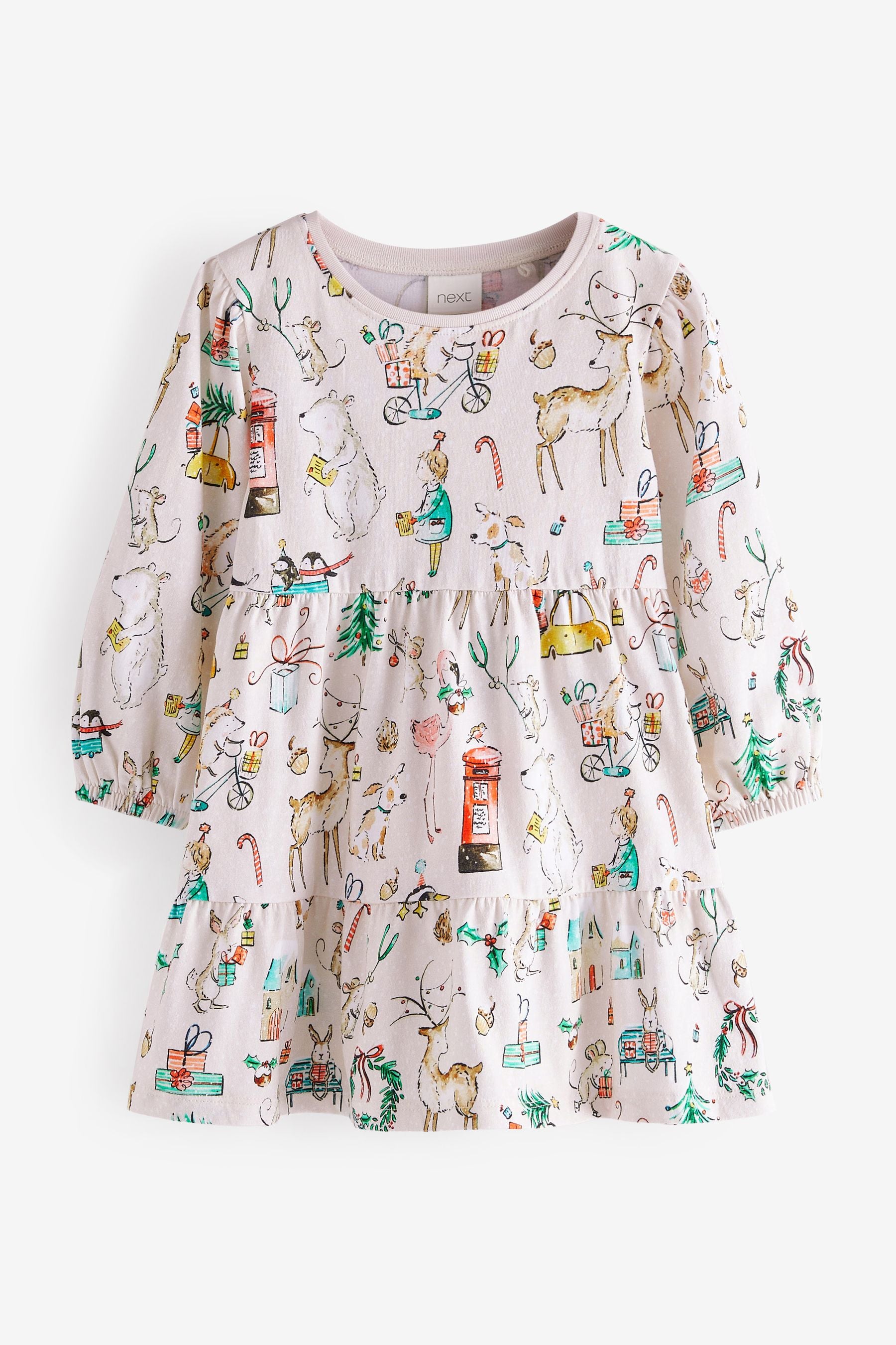 Cream Christmas Print Tiered Jersey Dress (3mths-7yrs)