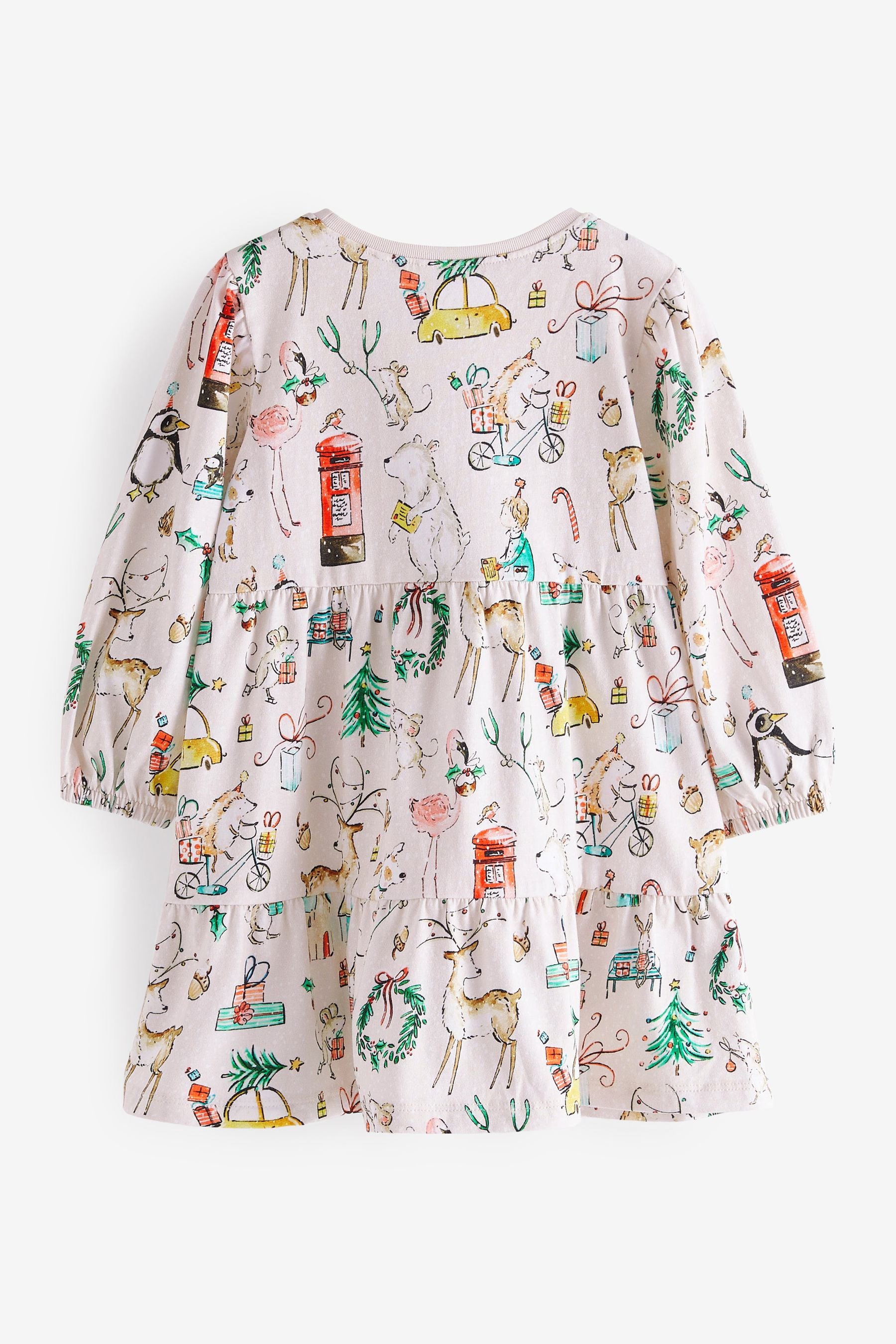 Cream Christmas Print Tiered Jersey Dress (3mths-7yrs)