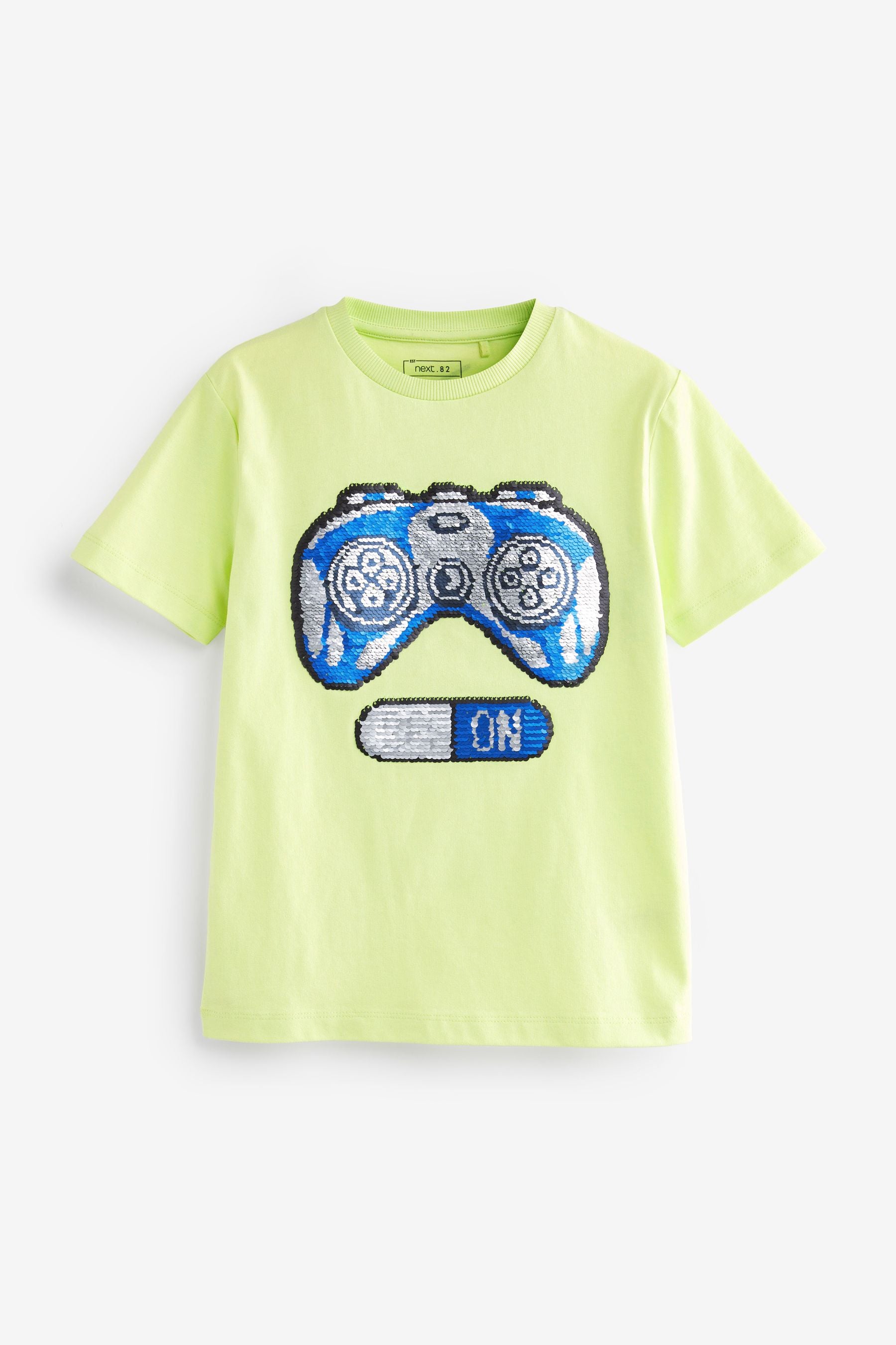 Lime Green Gaming Controller Flippy Sequin Short Sleeve T-Shirt (3-16yrs)