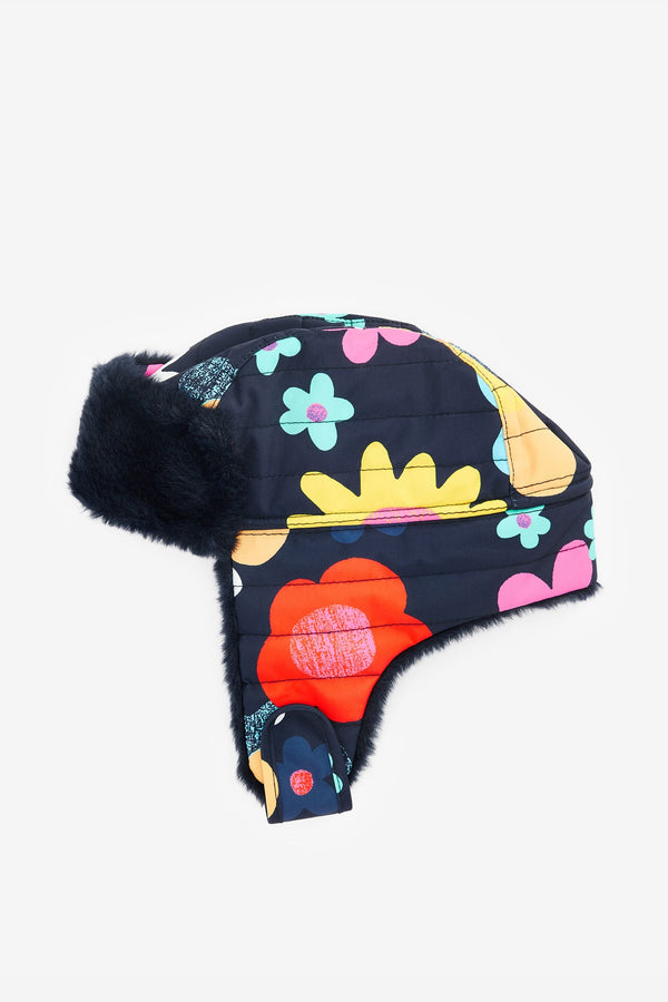 Navy Blue Floral Quilted Trapper Hat (3mths-10yrs)