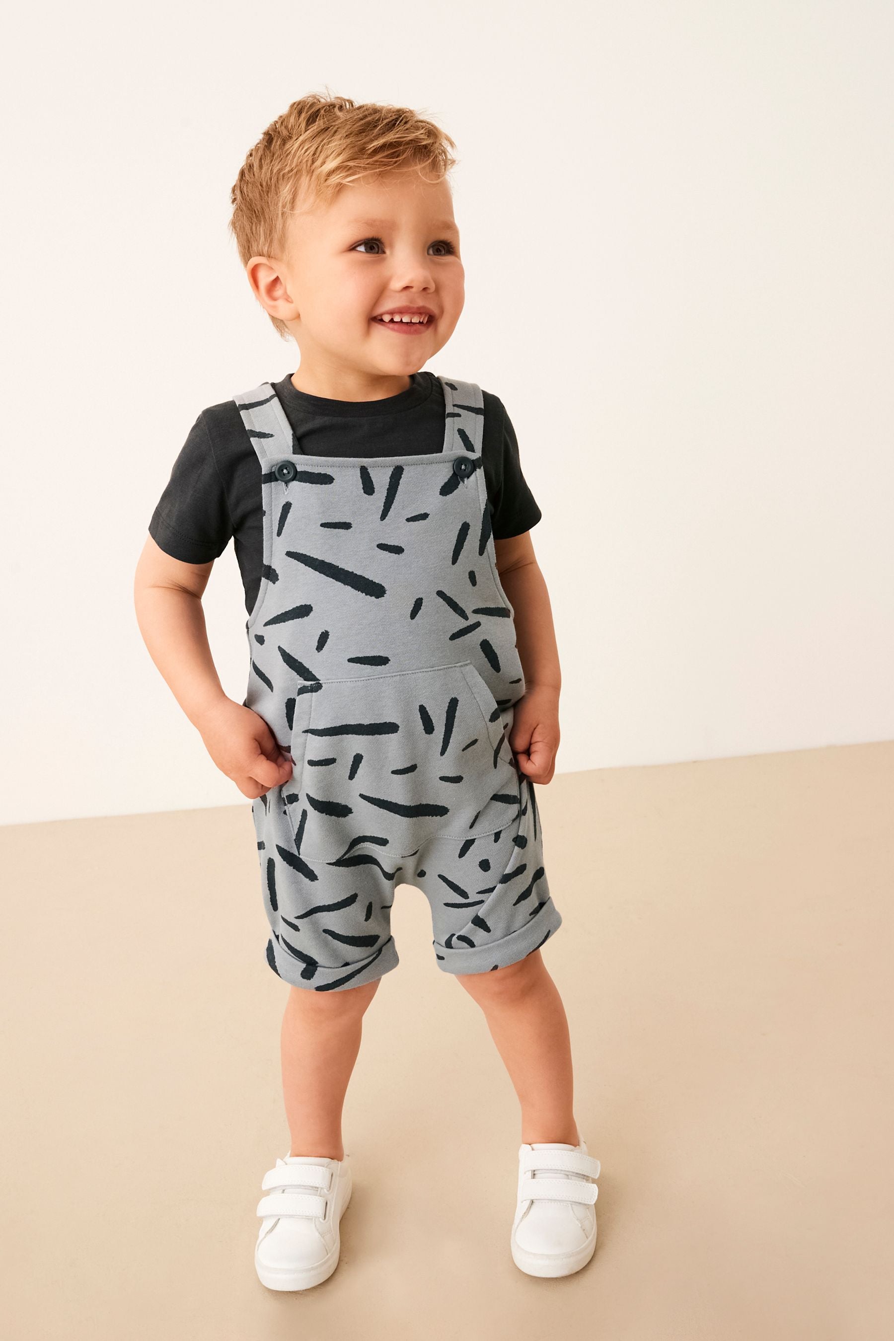 Grey Mark Making All Over Printed Dungaree And Long Sleeve T-Shirt Set (3mths-7yrs)